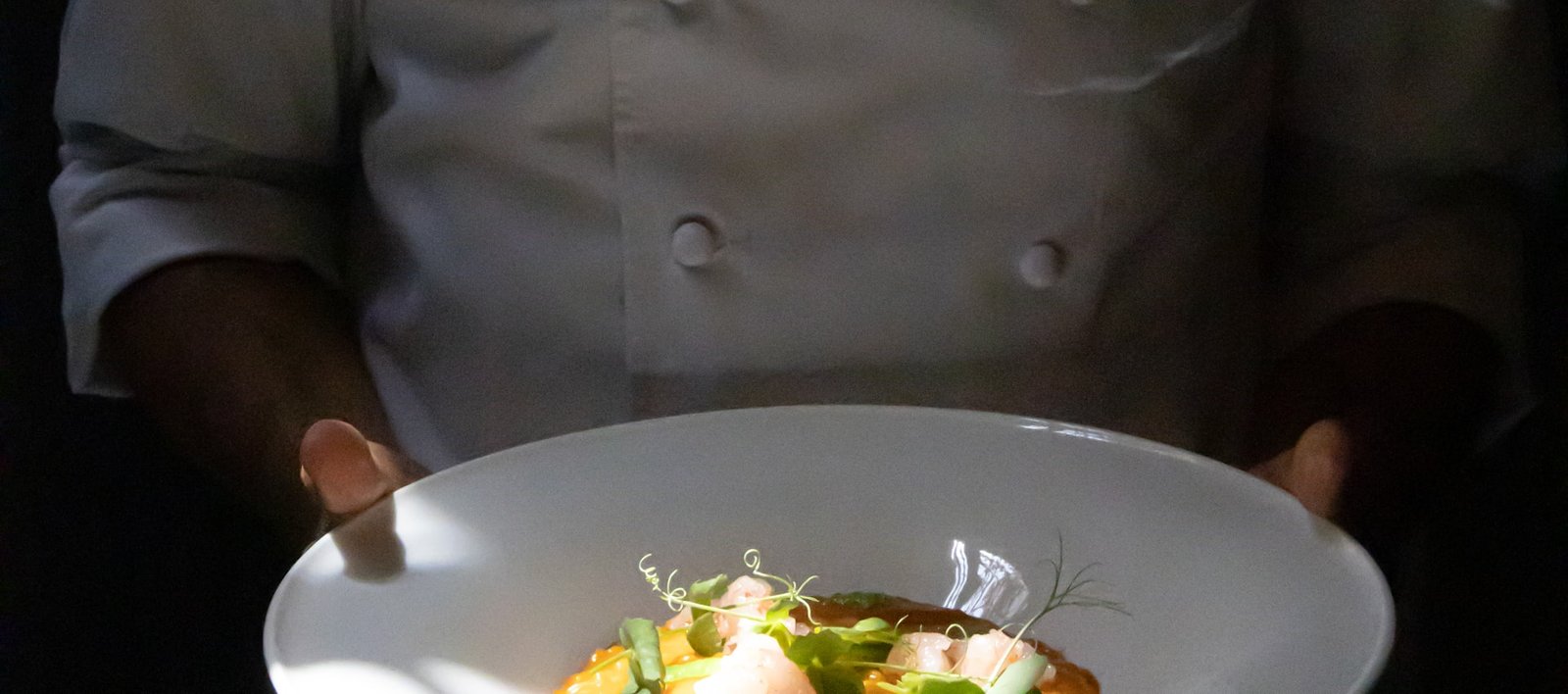 A chef presenting an elegantly plated dish, the kind of culinary craft the James Beard Awards recognize