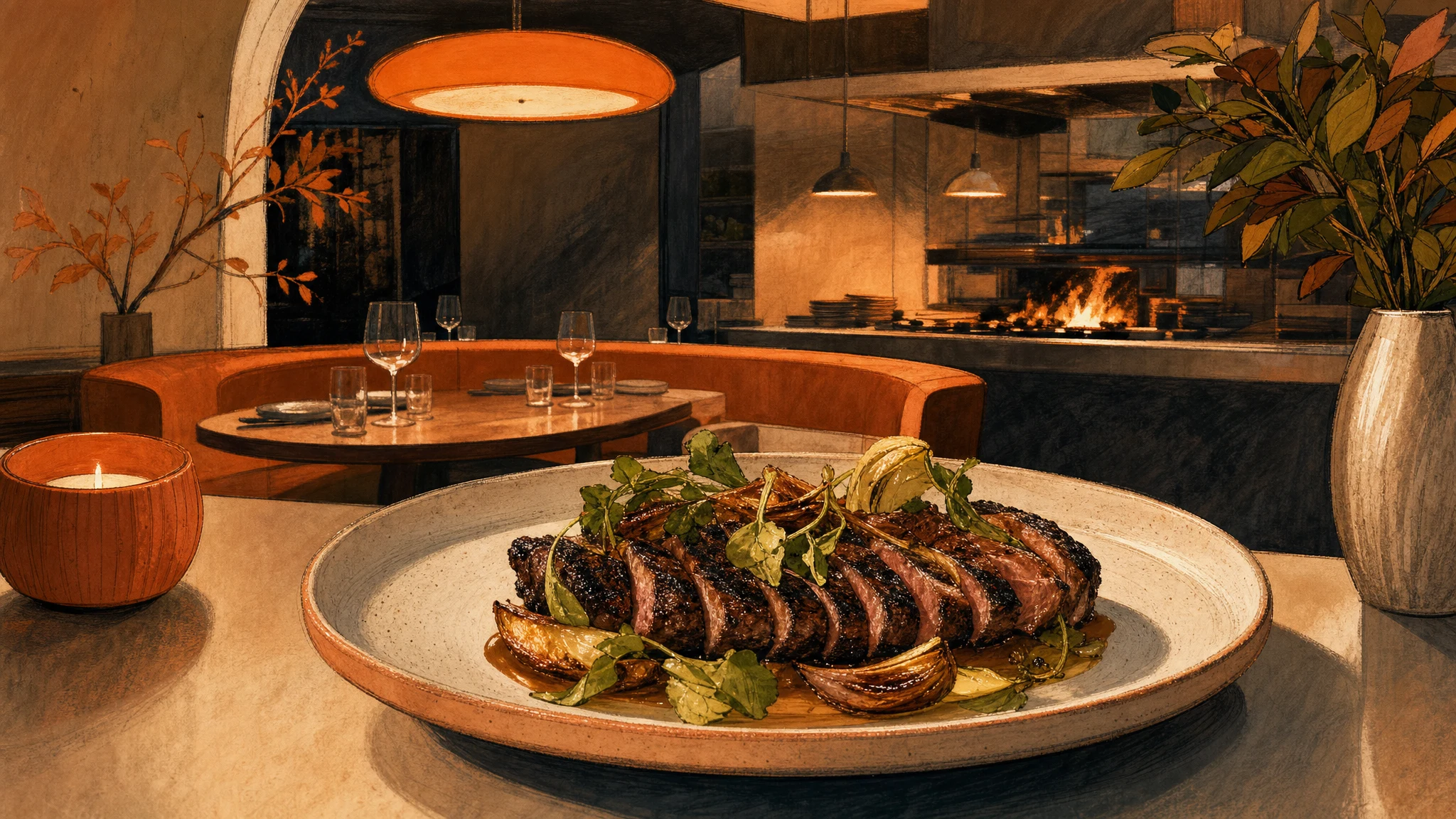 Plate of sliced grilled meat with greens and charred vegetables on a restaurant table, with a glowing fireplace in the background.