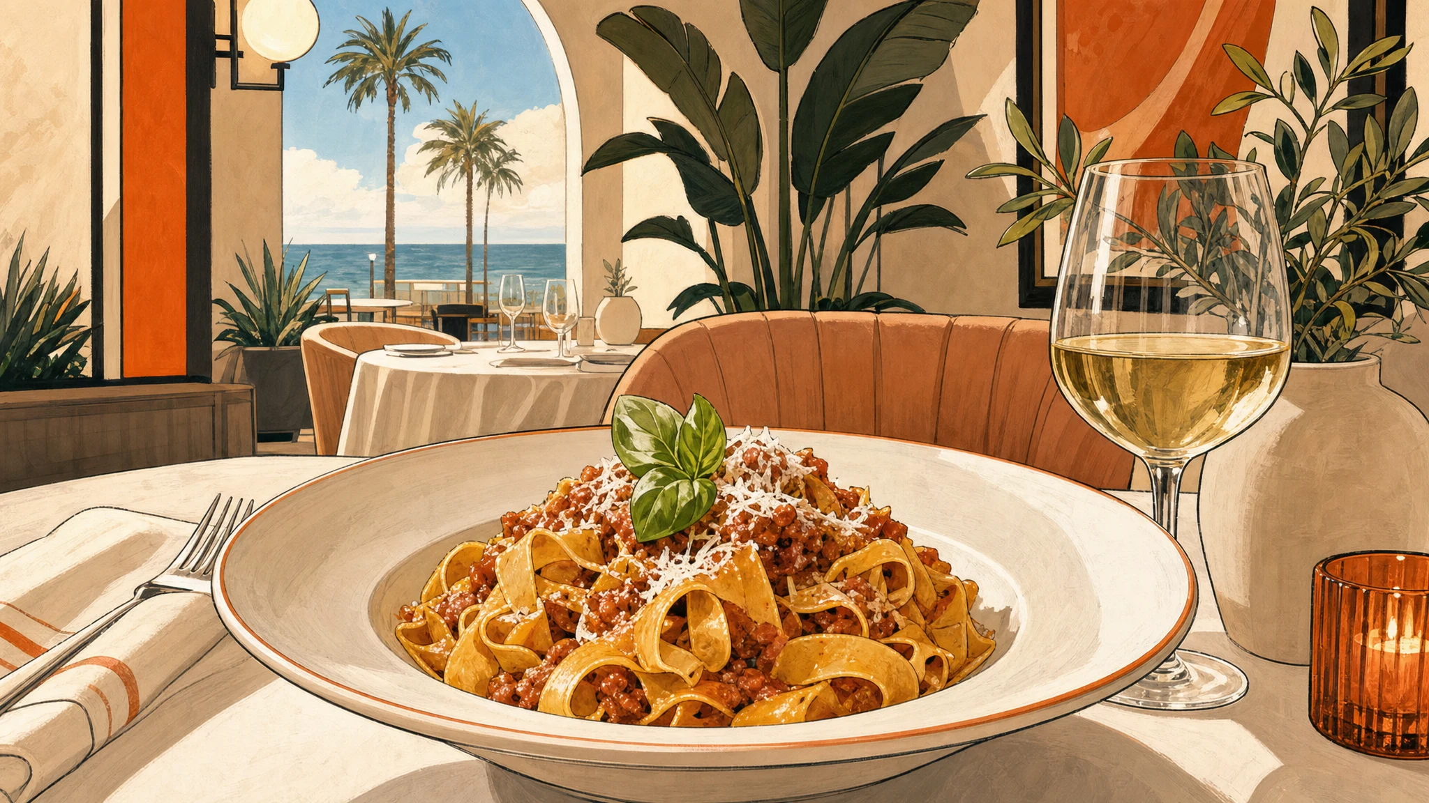 Bowl of ribbon pasta topped with sauce, grated cheese and basil on a restaurant table beside a glass of white wine, with palms and ocean beyond.