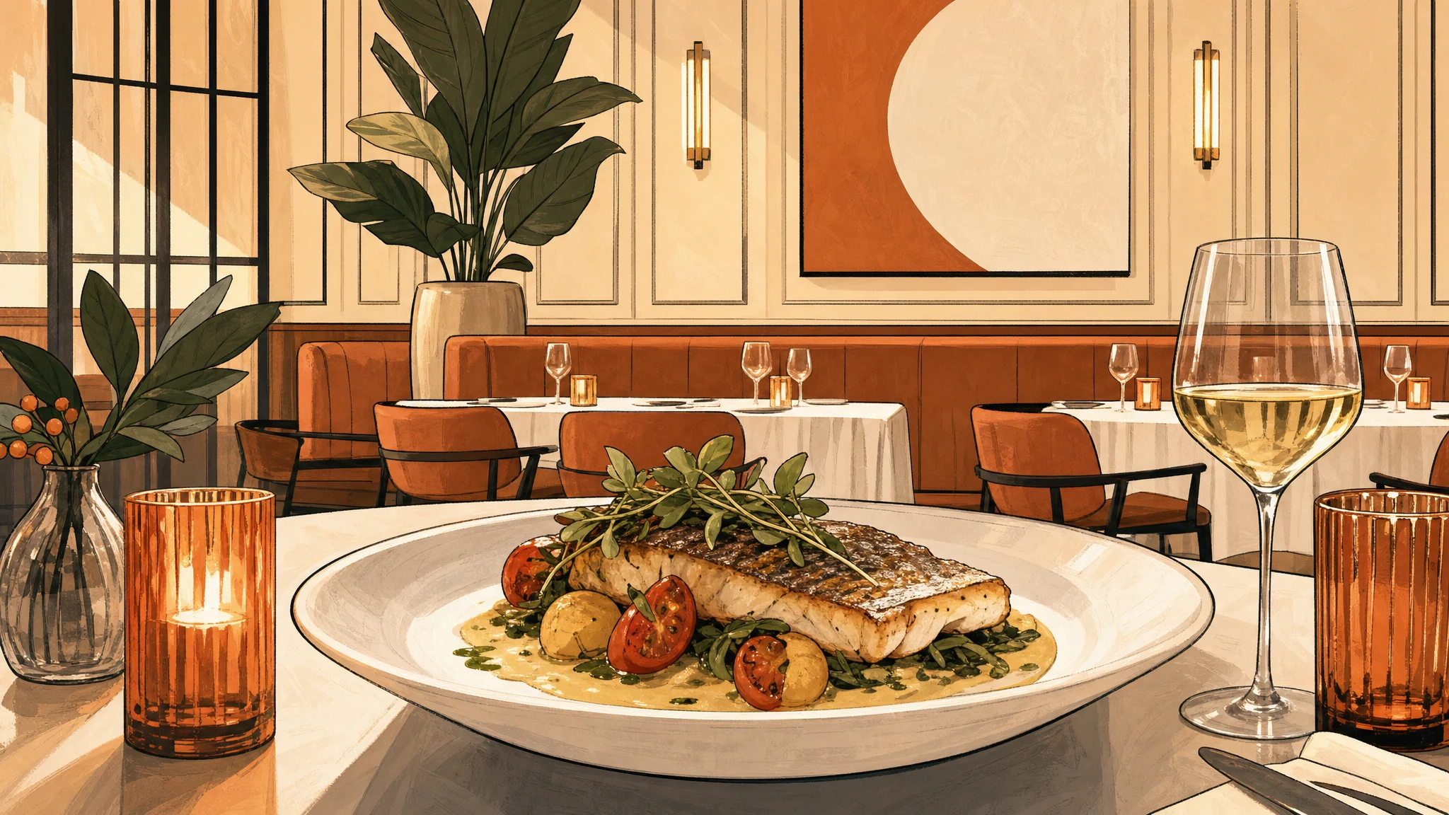 Restaurant table with a plated fish entree, wine glass, candles, and a modern dining room in the background.