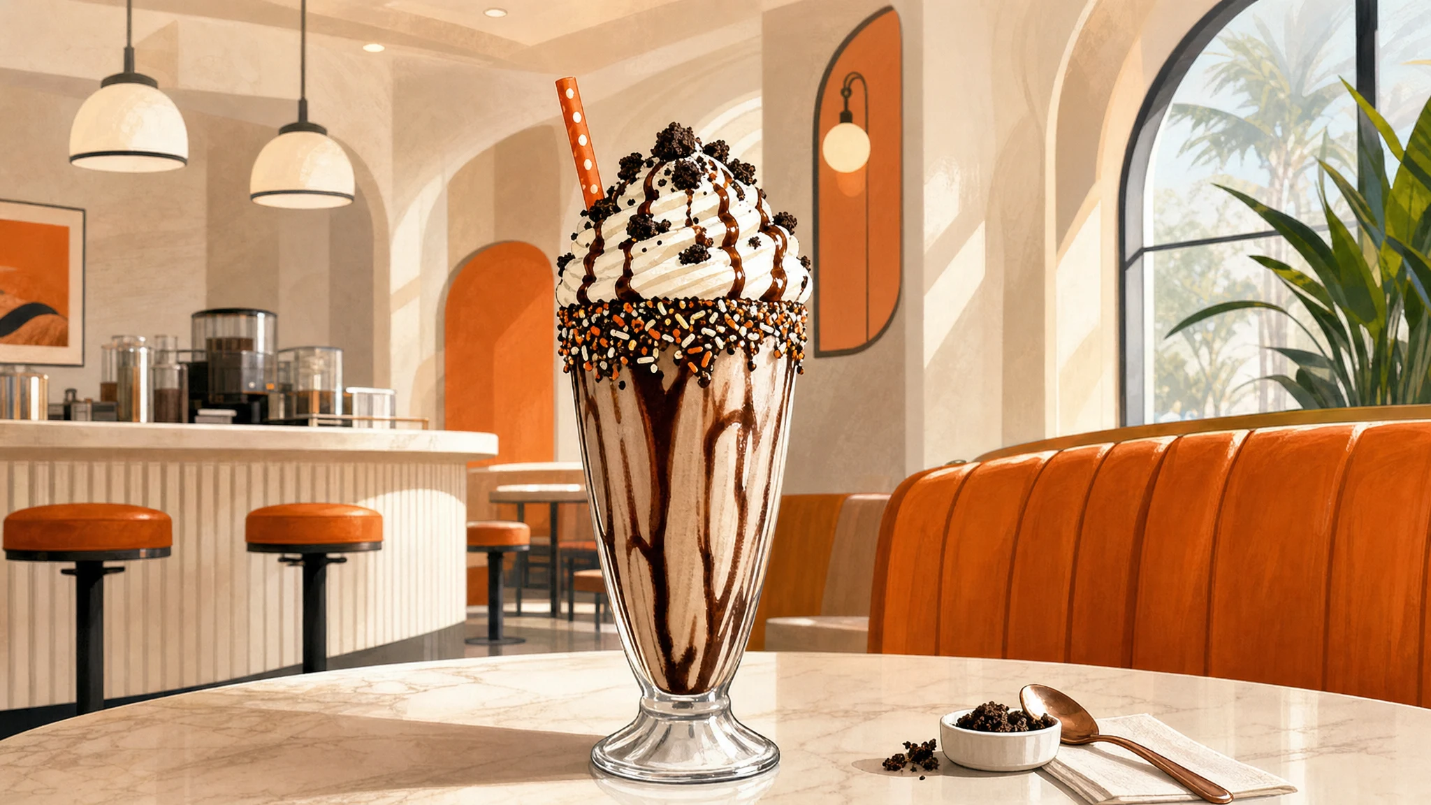 Tall milkshake in a glass topped with whipped cream, chocolate drizzle, sprinkles, and a straw on a table in a cafe.