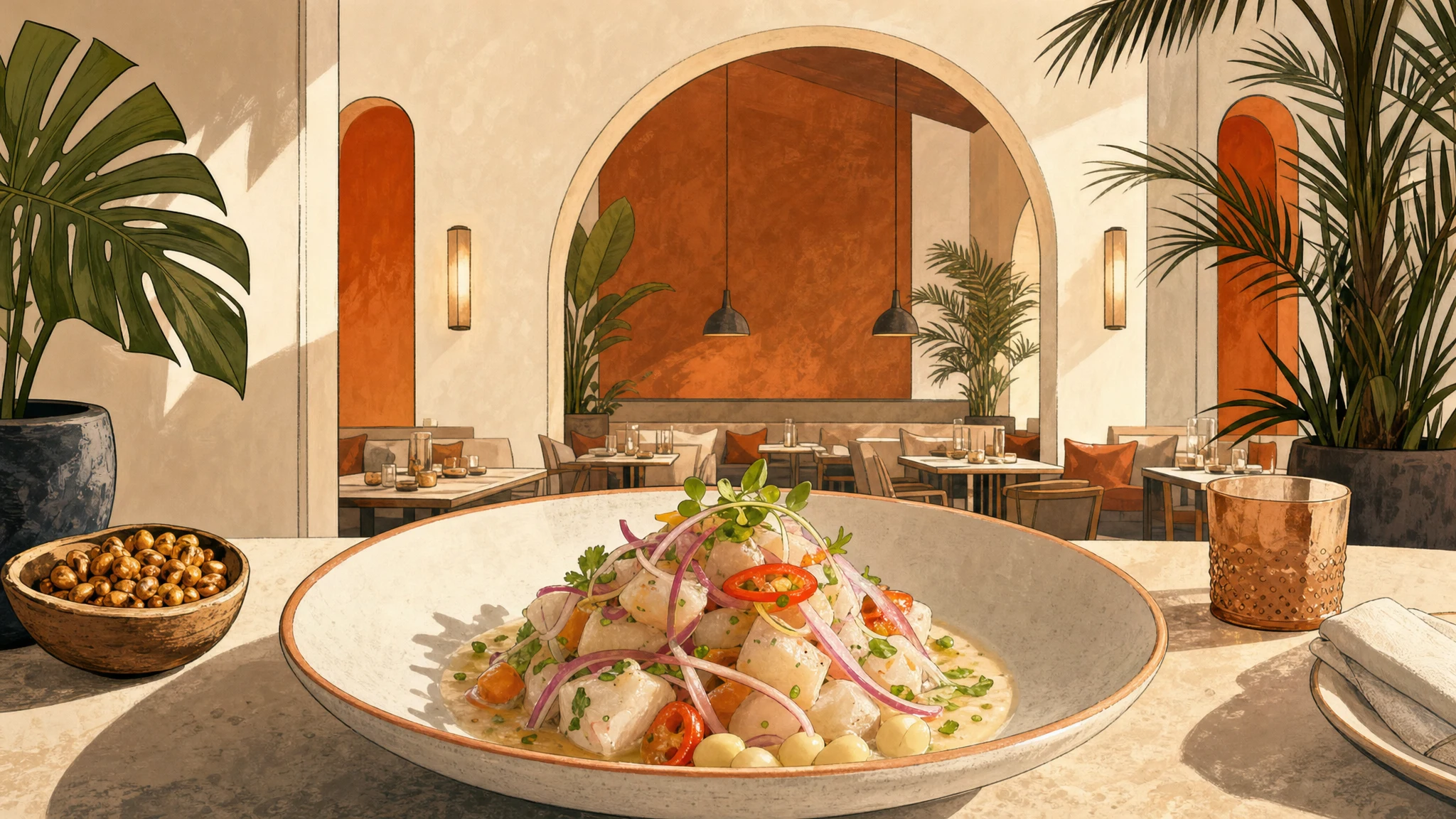 A colorful plated dish with sliced onions, herbs and red peppers sits on a table in a sunlit dining room with arches and large plants.