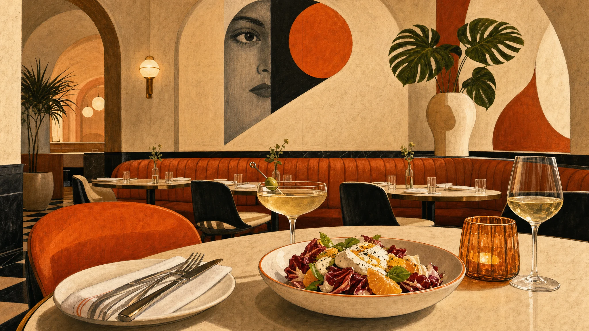 A bowl of salad, coupe and wine glasses sit on a table before orange banquettes, leafy plants and an abstract mural.