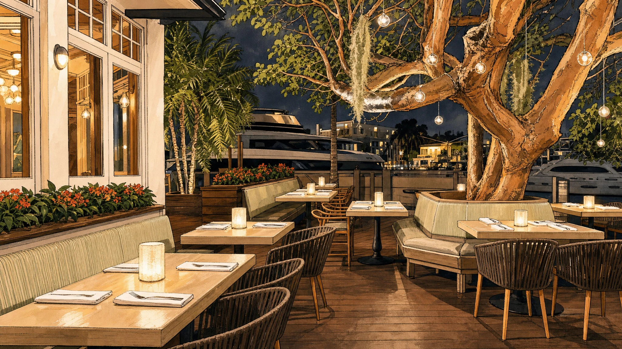 Outdoor restaurant patio at night with set tables, woven chairs, a large tree, string lights, and boats docked in the background.