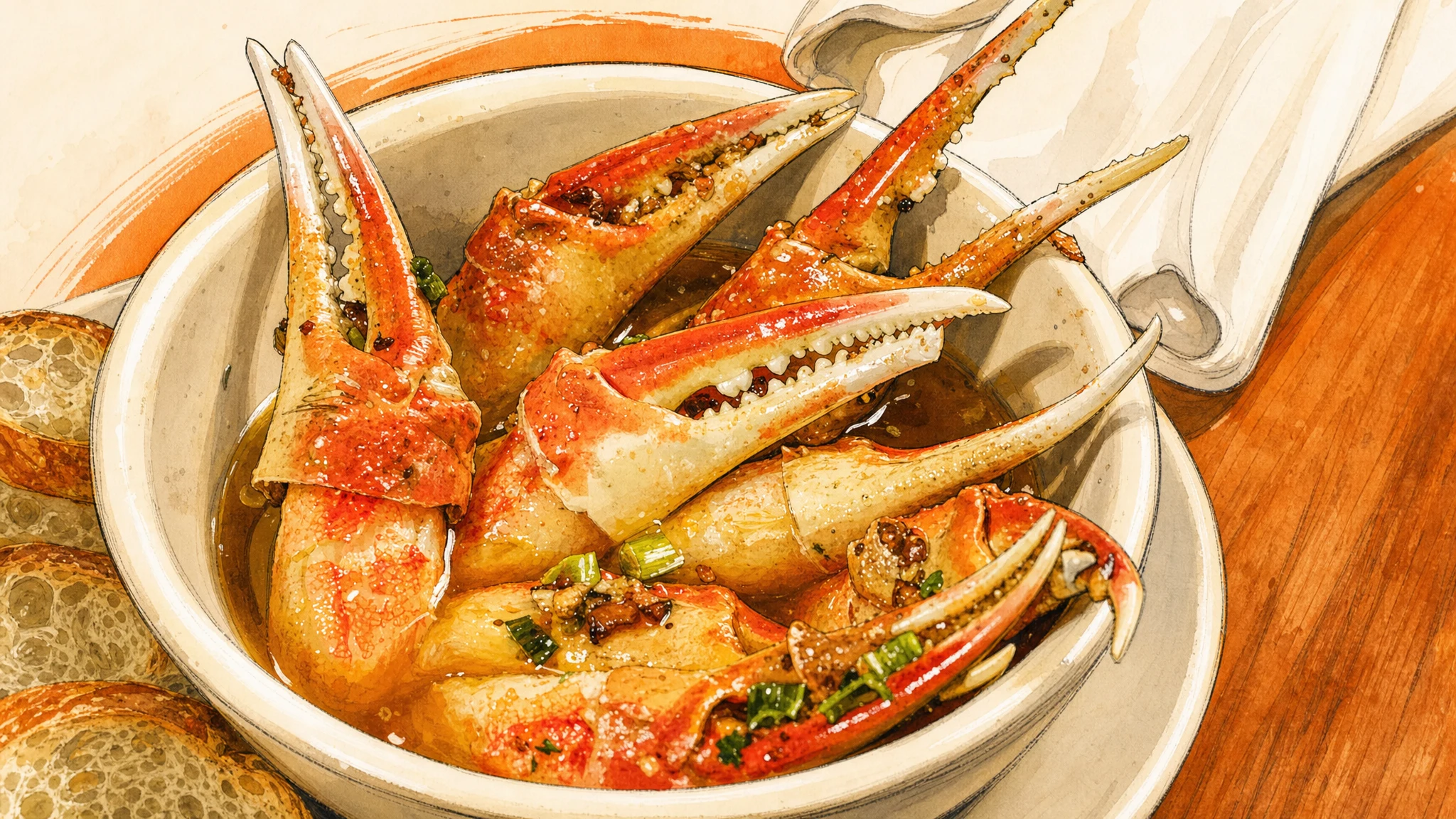 A bowl of crab claws in sauce with chopped herbs, served on a white plate beside a folded napkin.