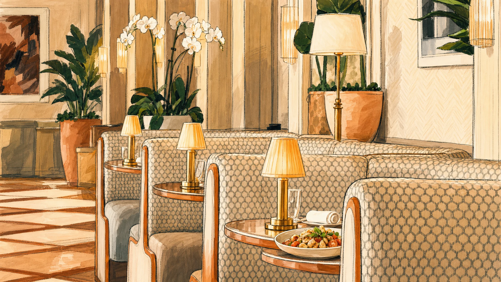 Elegant restaurant booths with patterned upholstery, table lamps, potted plants, orchids, and a plated dish on a table.