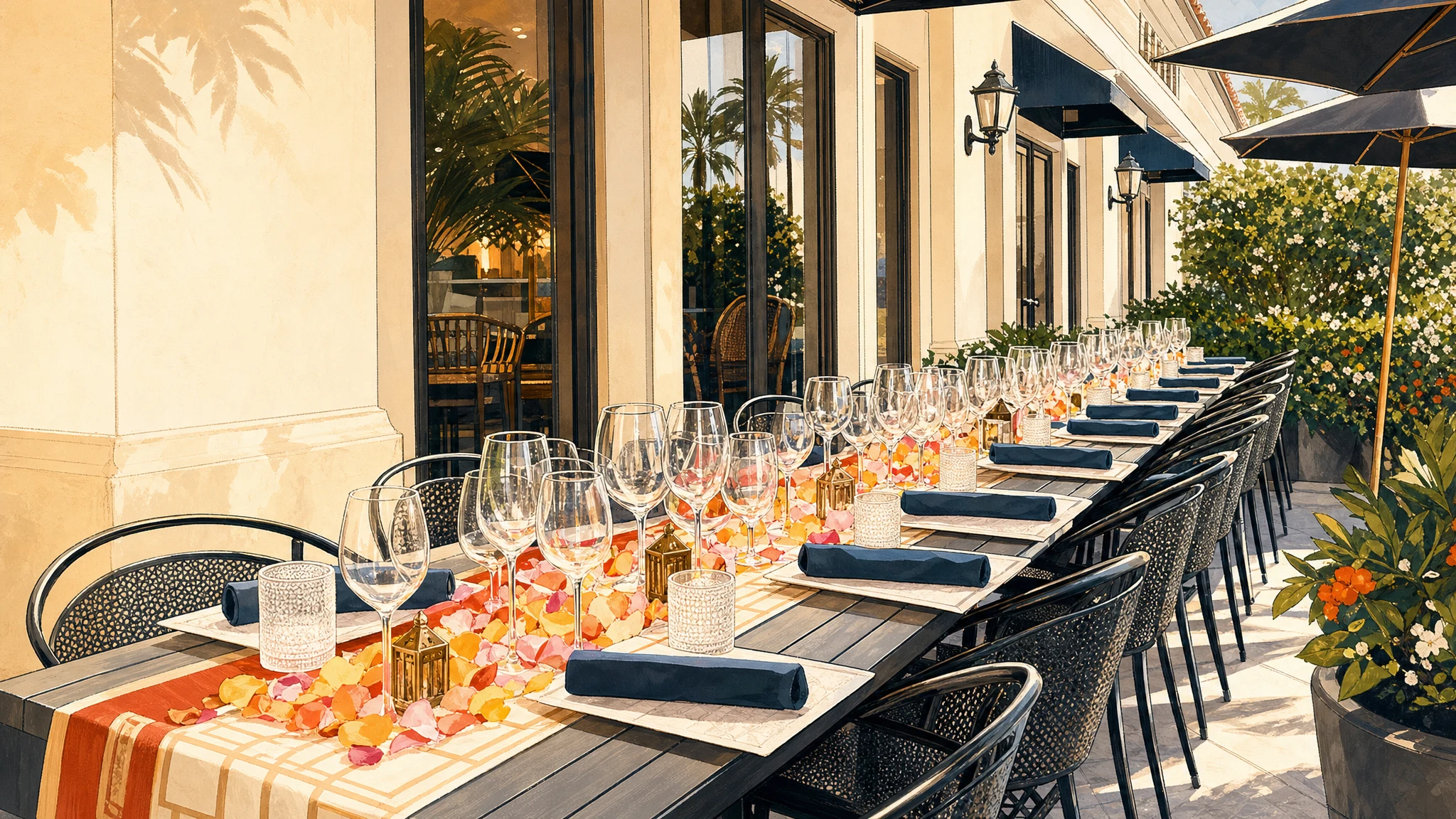 Long outdoor dining table set with wine glasses, folded napkins, glass votives, and flower petals on a sunny patio.