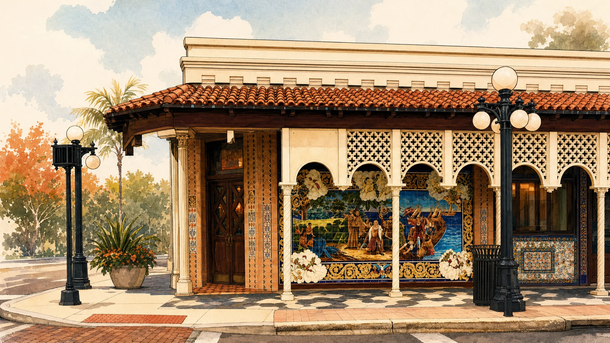 Illustration of an ornate corner building with arched windows, colorful tile murals, a red tile roof, and street lamps.