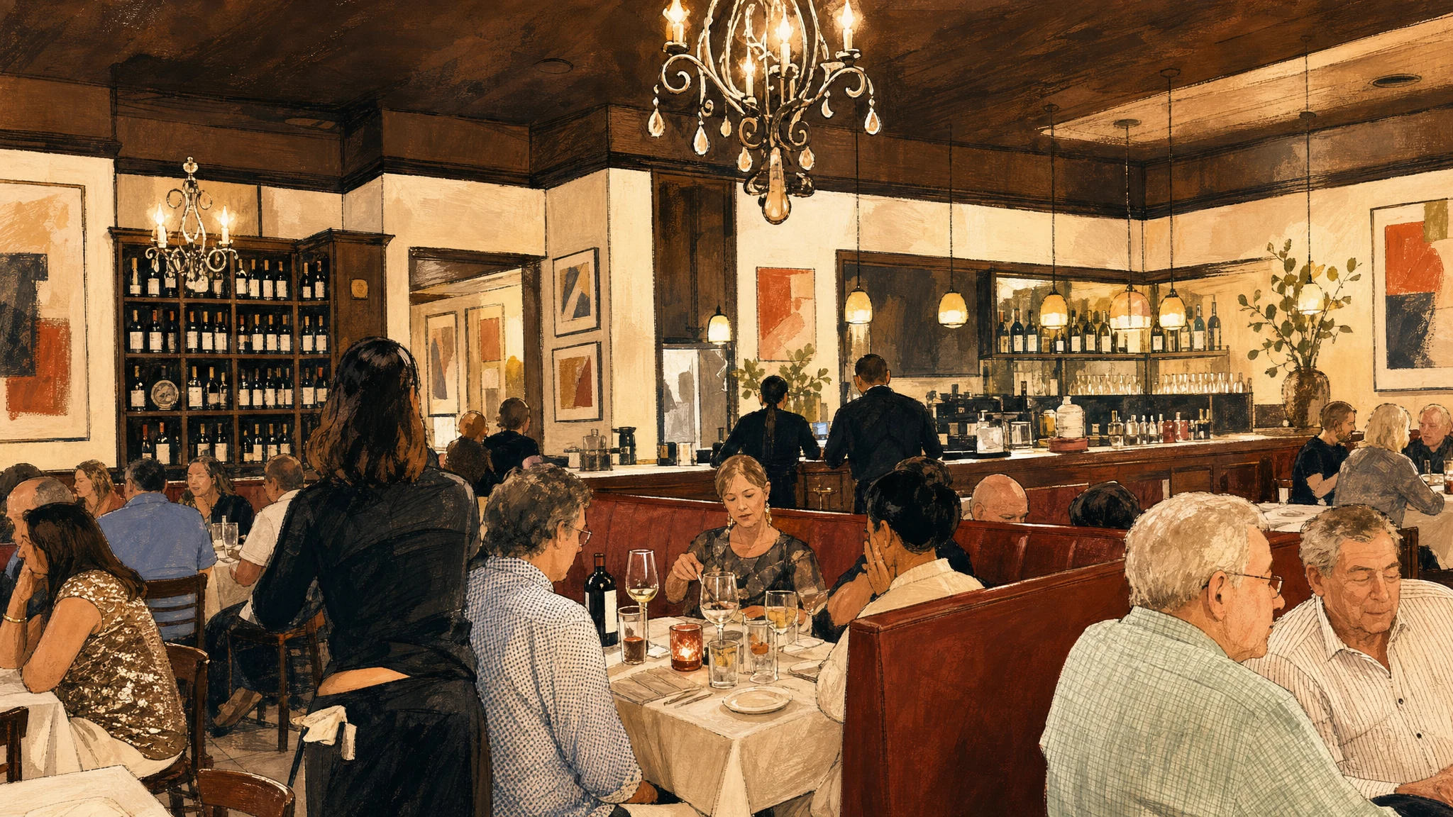 A busy dining room with guests at white-clothed tables, red banquettes, chandeliers, wine shelves, and a mirrored bar.
