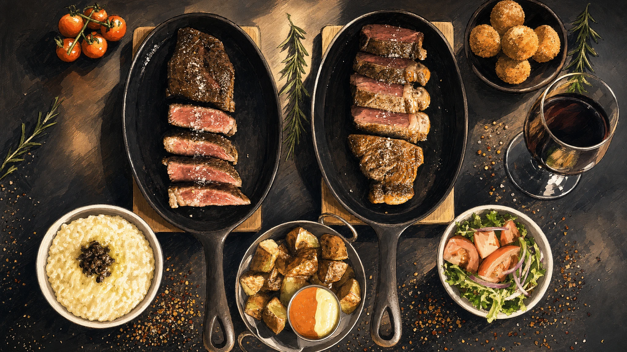 Overhead view of sliced steaks in cast-iron skillets with roasted potatoes, salad, a creamy side, tomatoes, fried bites and red wine.
