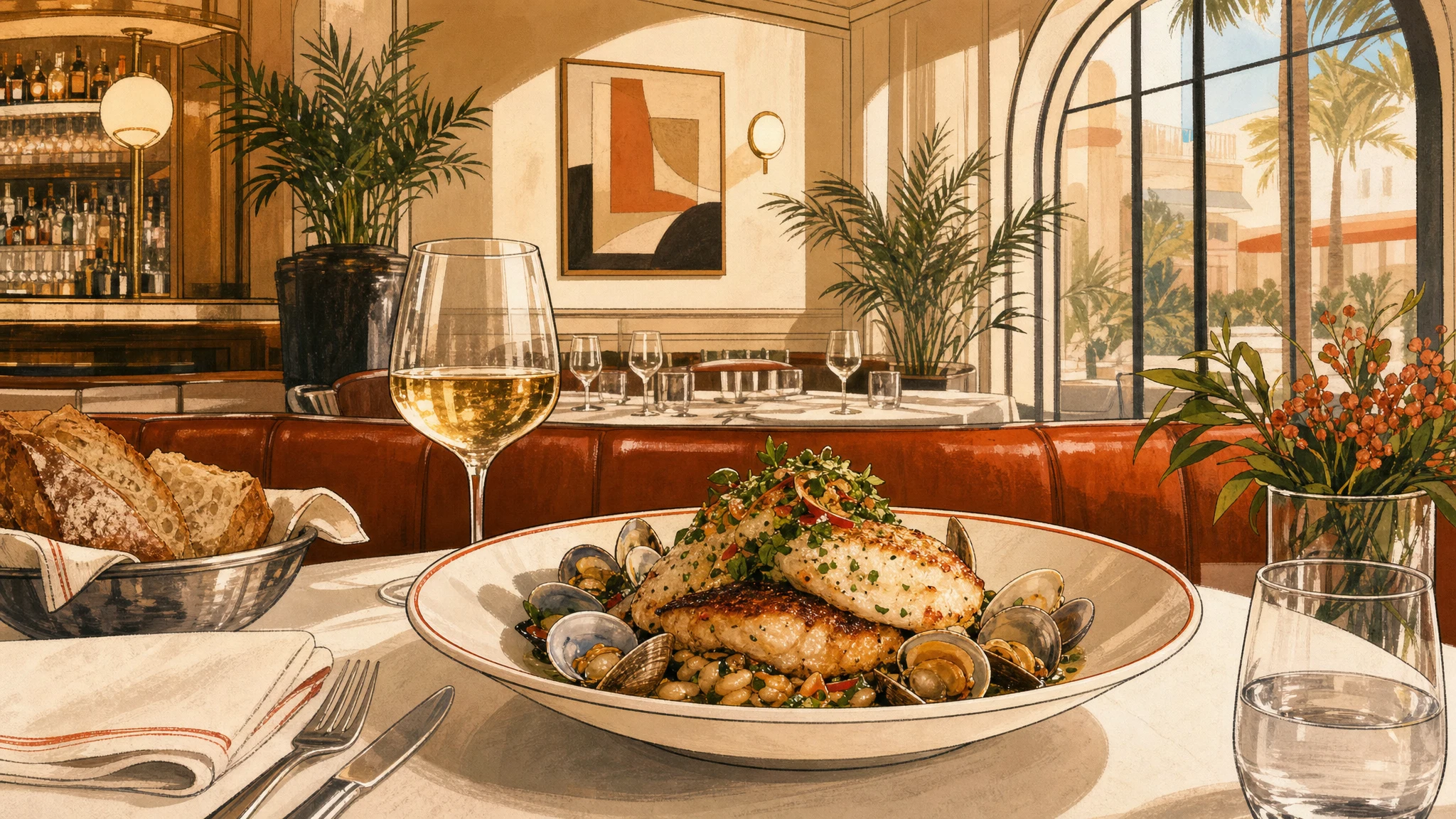 Dining table with a fish and clam dish, bread basket, wine glass, and a bright restaurant interior with large windows