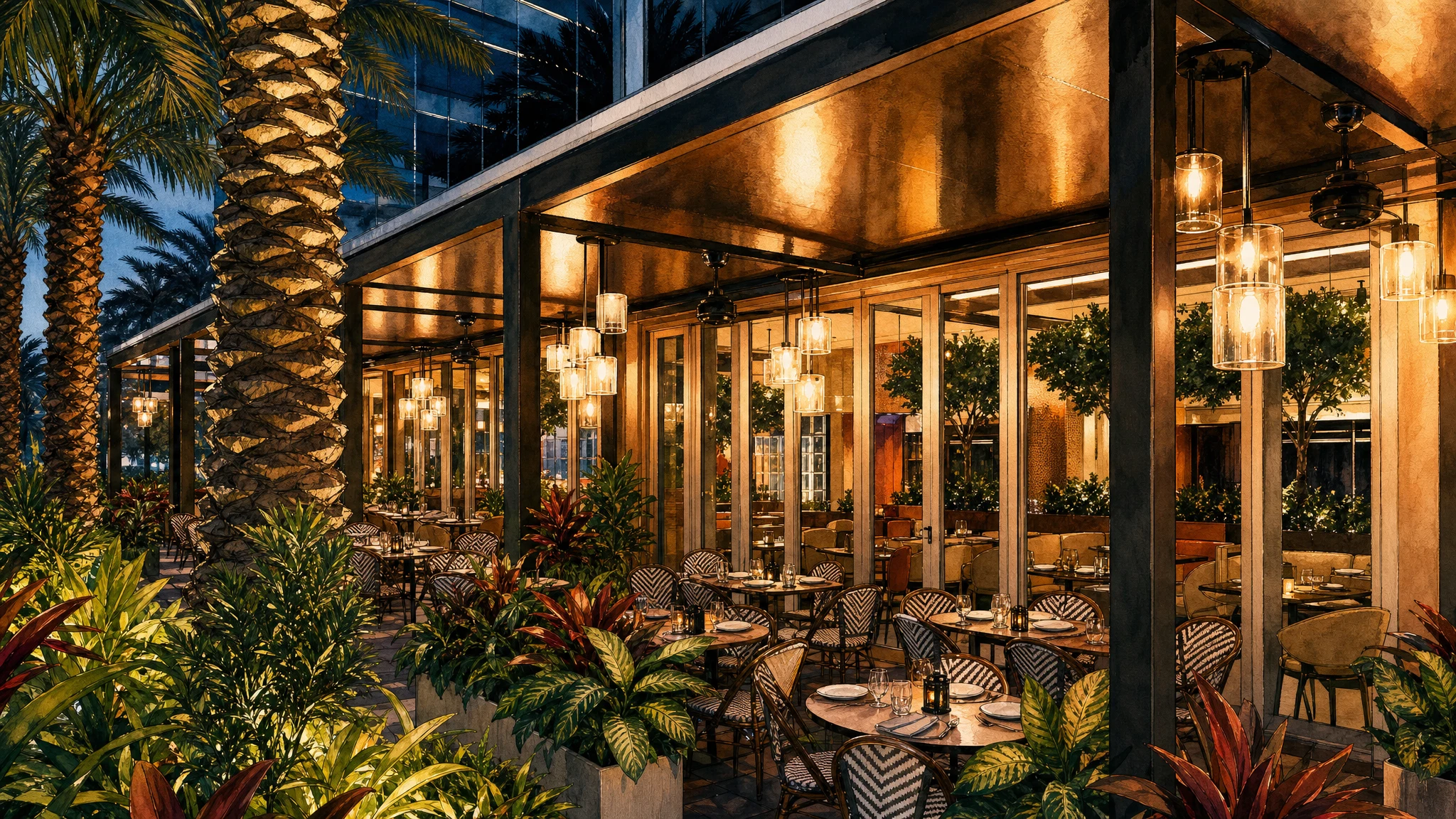 Outdoor restaurant patio with empty tables and chairs, warm hanging lights, and lush tropical plants at dusk.