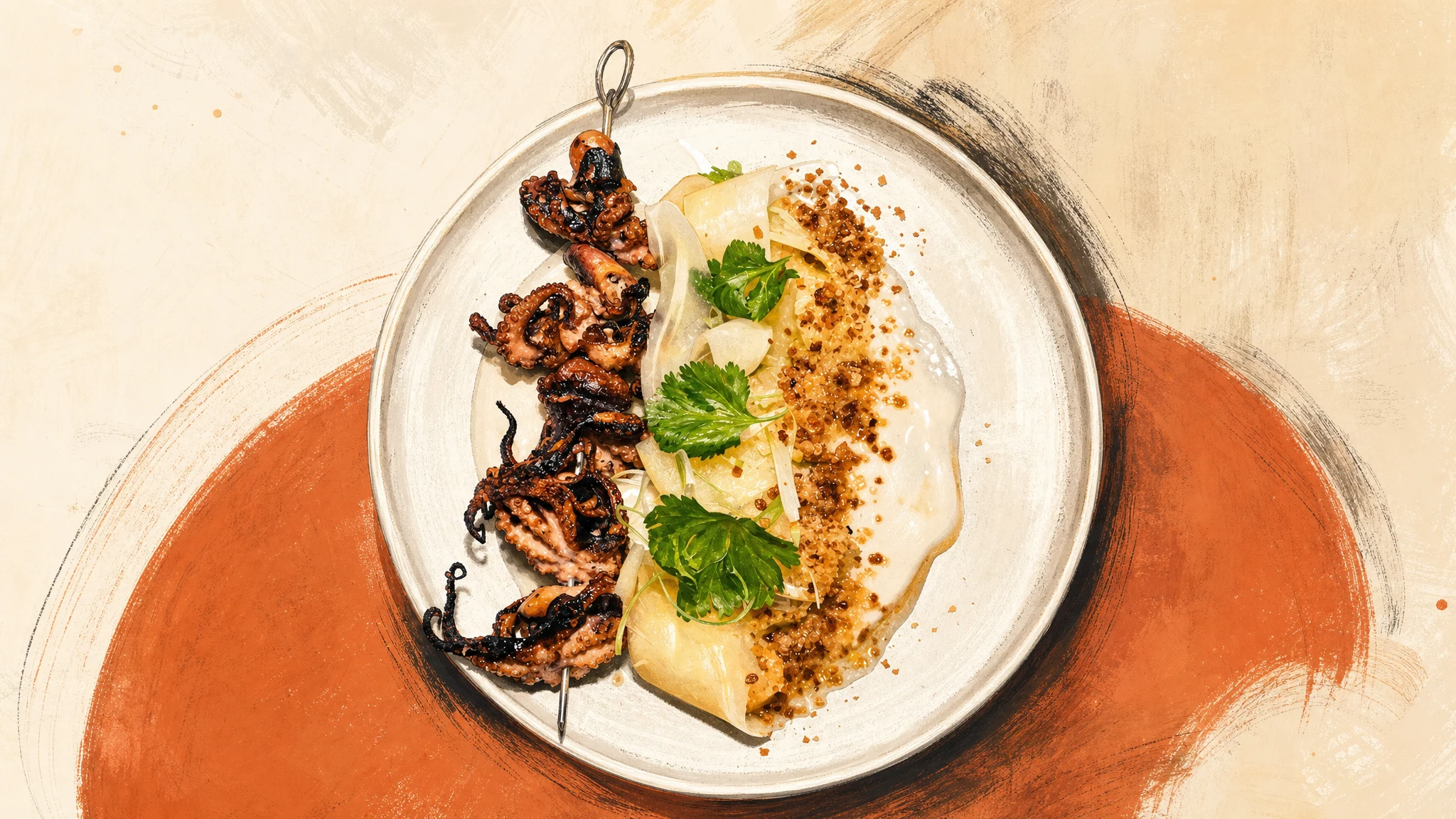 Overhead view of charred octopus with leafy herbs, pale vegetables, creamy sauce and a golden crumb topping on a white plate.