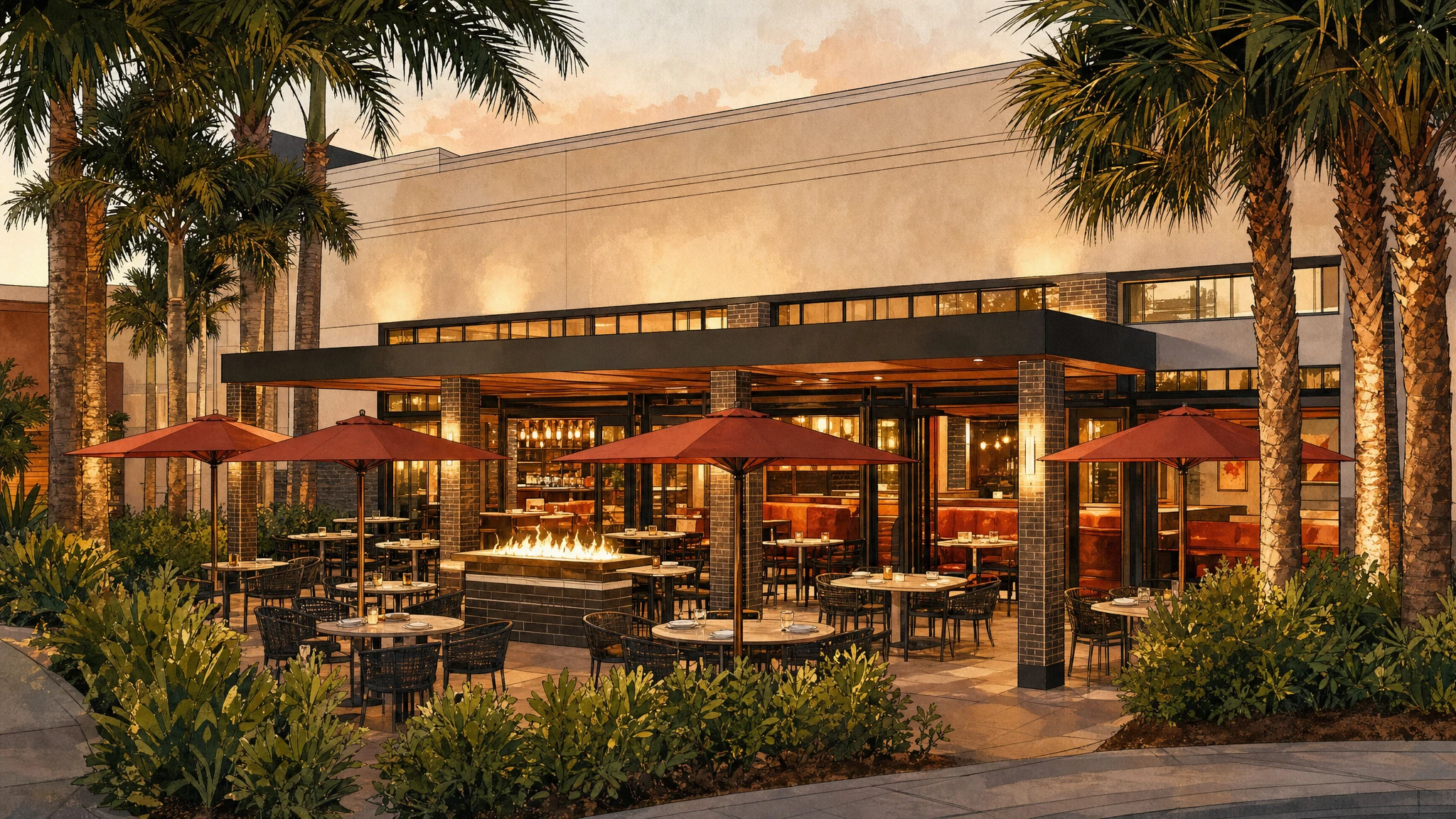 Outdoor restaurant patio with red umbrellas, empty tables, palm trees and a central fire feature at dusk.