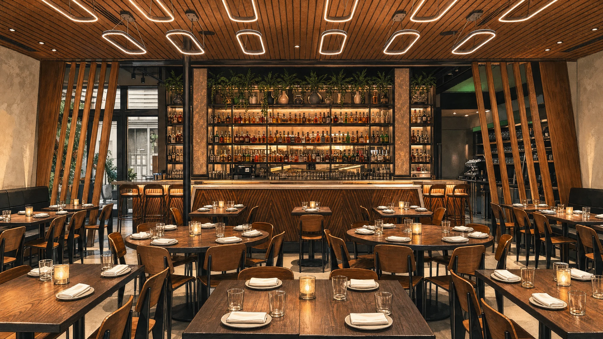 Restaurant dining room with set wooden tables, a backlit bottle-lined bar, slatted wood partitions, and geometric ceiling lights.