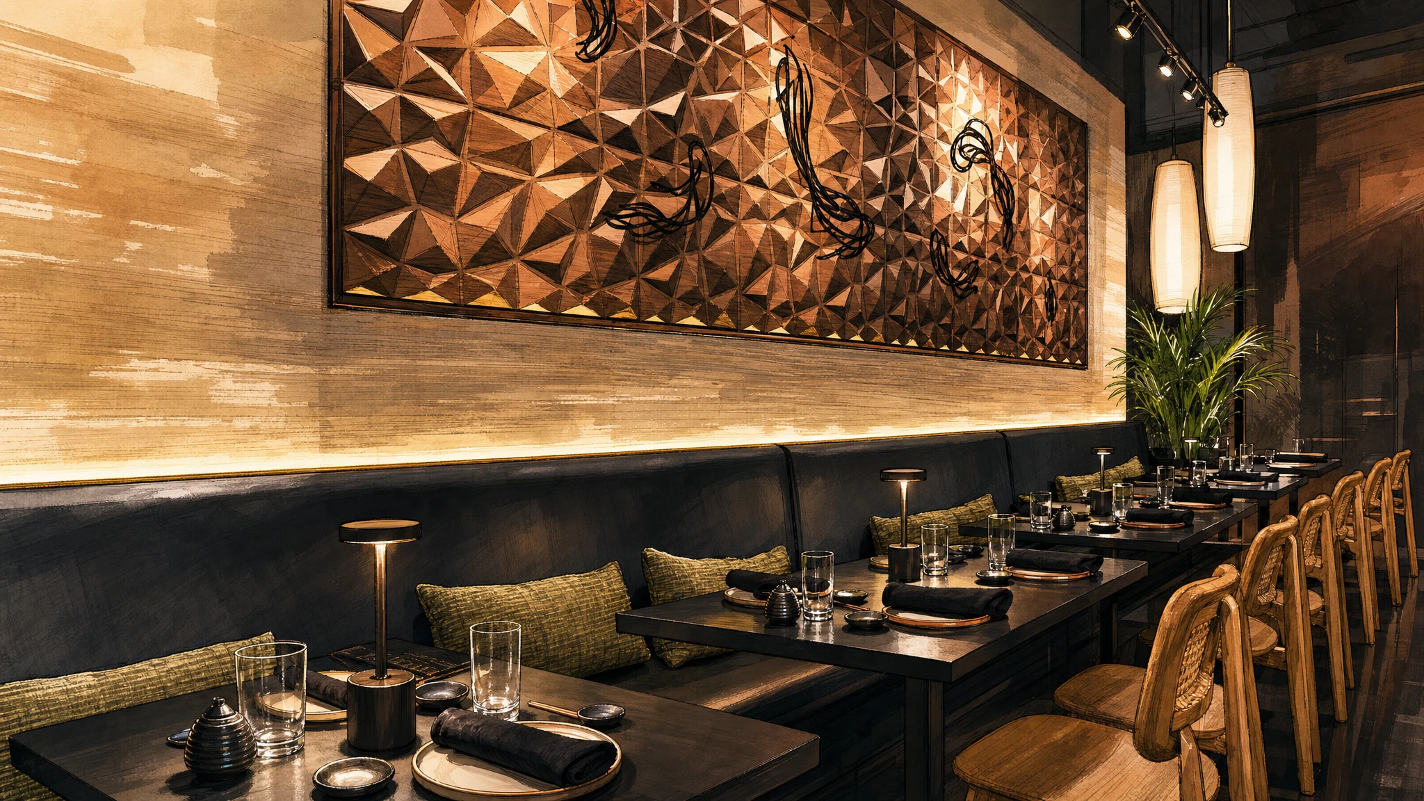 Restaurant dining area with dark tables, cushioned bench seating, woven chairs, pendant lights, and geometric wall art.