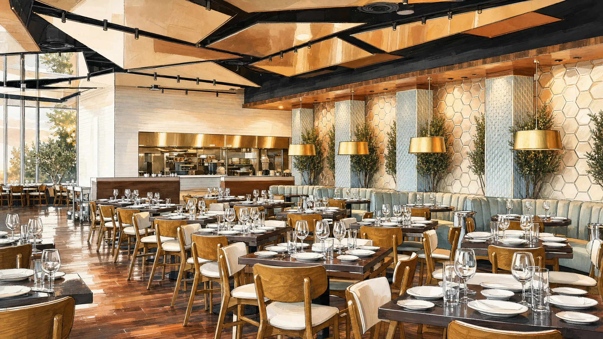 Spacious modern dining room with set tables, wine glasses, wood chairs, banquette seating, and gold pendant lights.