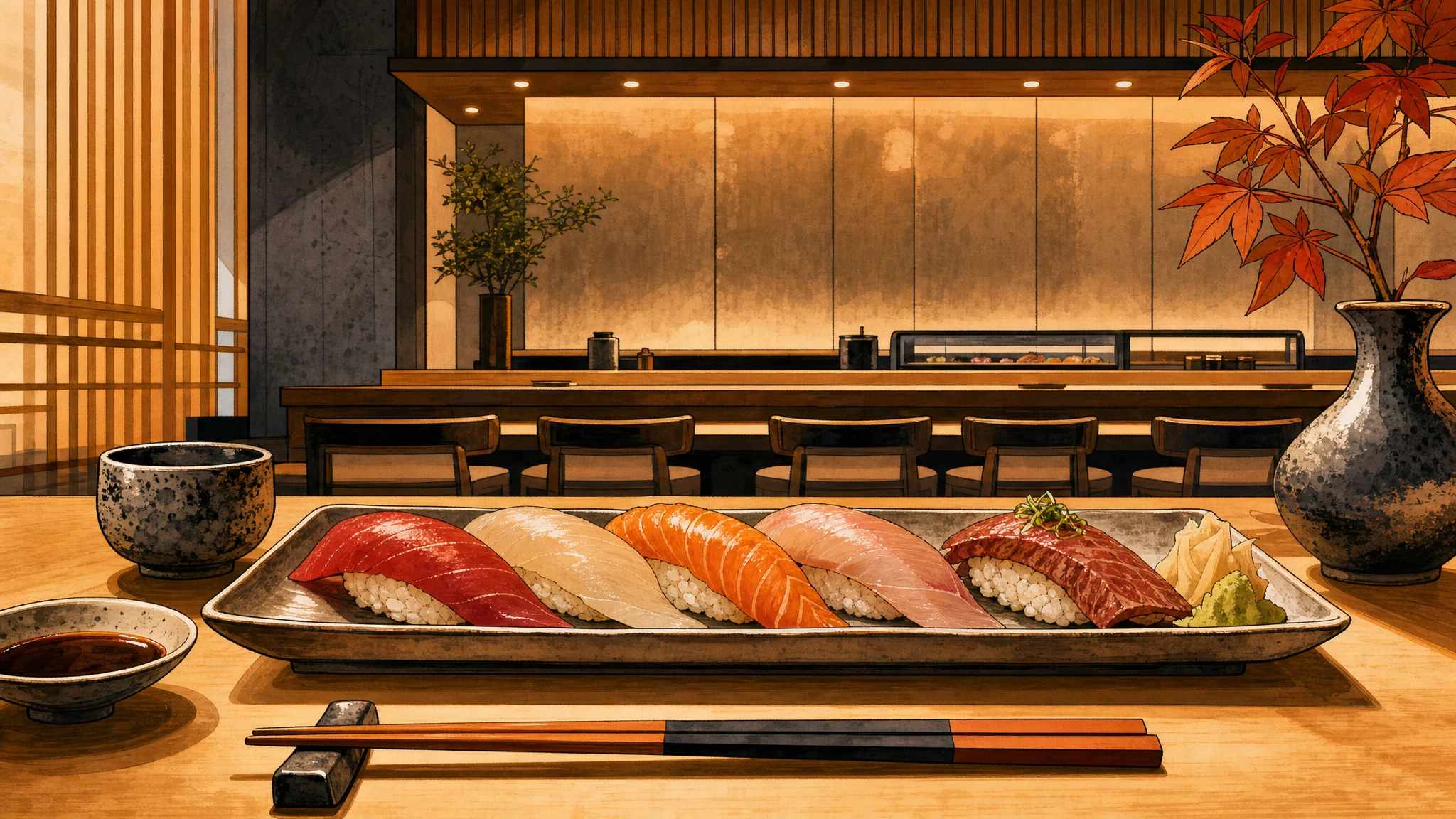 Sushi platter with assorted nigiri, chopsticks, soy sauce, and ceramic cups on a wooden counter.