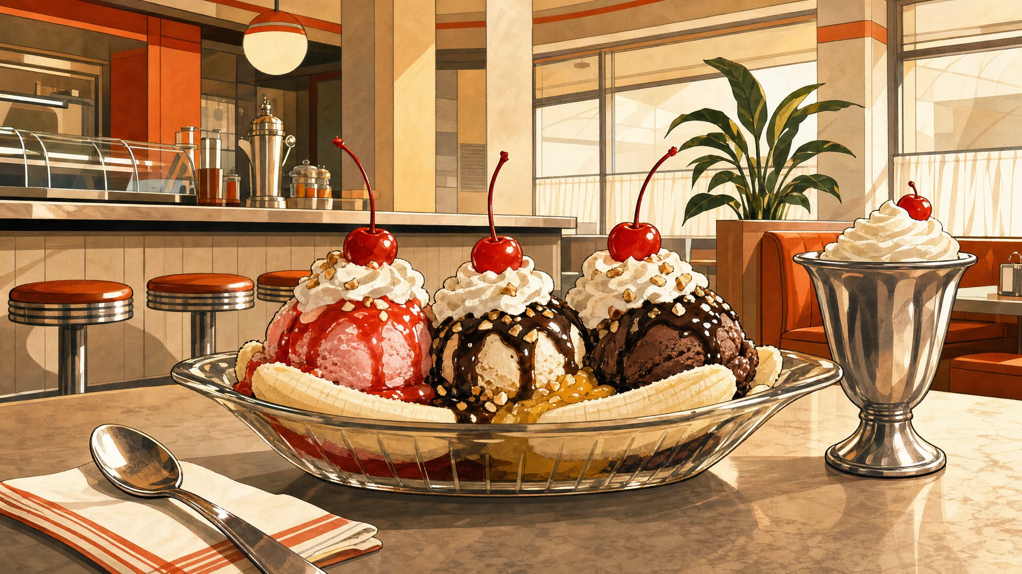 A banana split with three scoops, whipped cream and cherries sits beside a tall sundae on a diner counter.