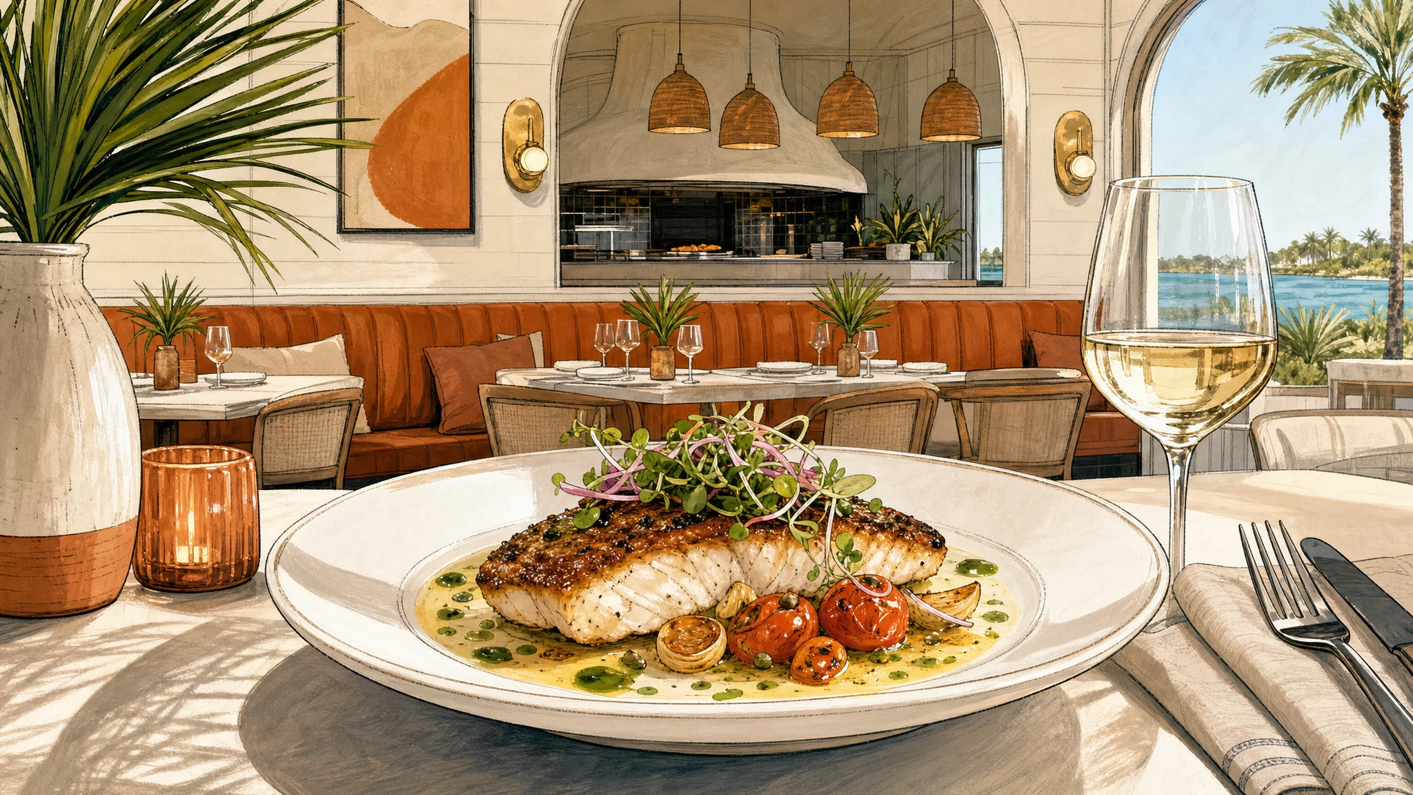 Plated fish with tomatoes and greens on a table, with a wine glass and waterfront dining room in the background.