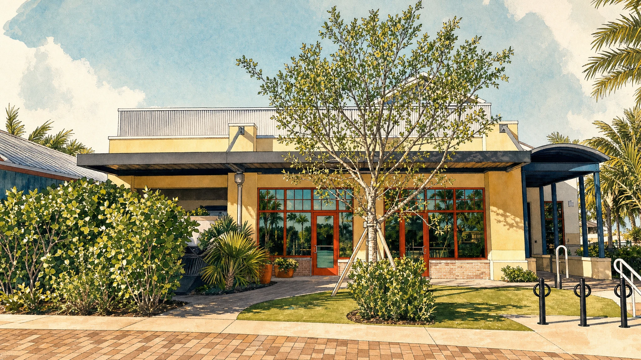Low yellow building with red-framed windows and doors, surrounded by trees and shrubs, with a brick walkway and ramp railings.