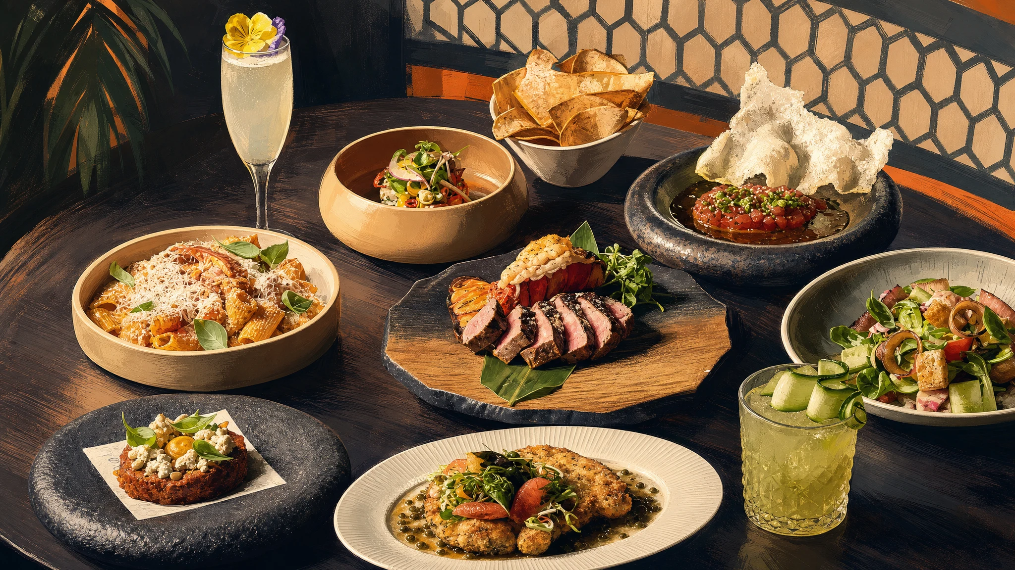 A table spread with plated meat, seafood, salads, dips, crisp bread, chips and two cocktails.
