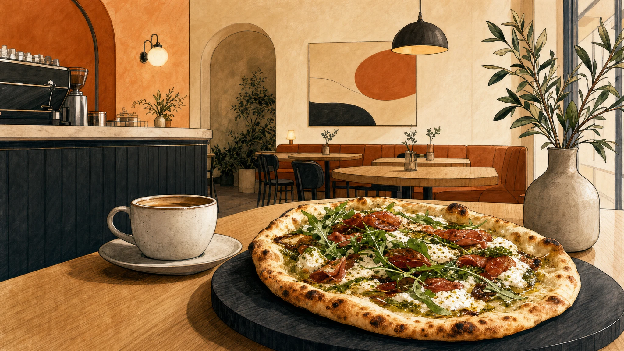 A large flatbread topped with cheese, tomatoes and greens sits beside a cup of coffee on a café table.