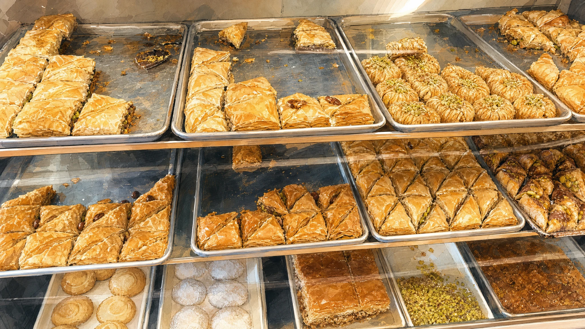 Trays of assorted golden pastries and nut-topped sweets arranged in a glass display case.