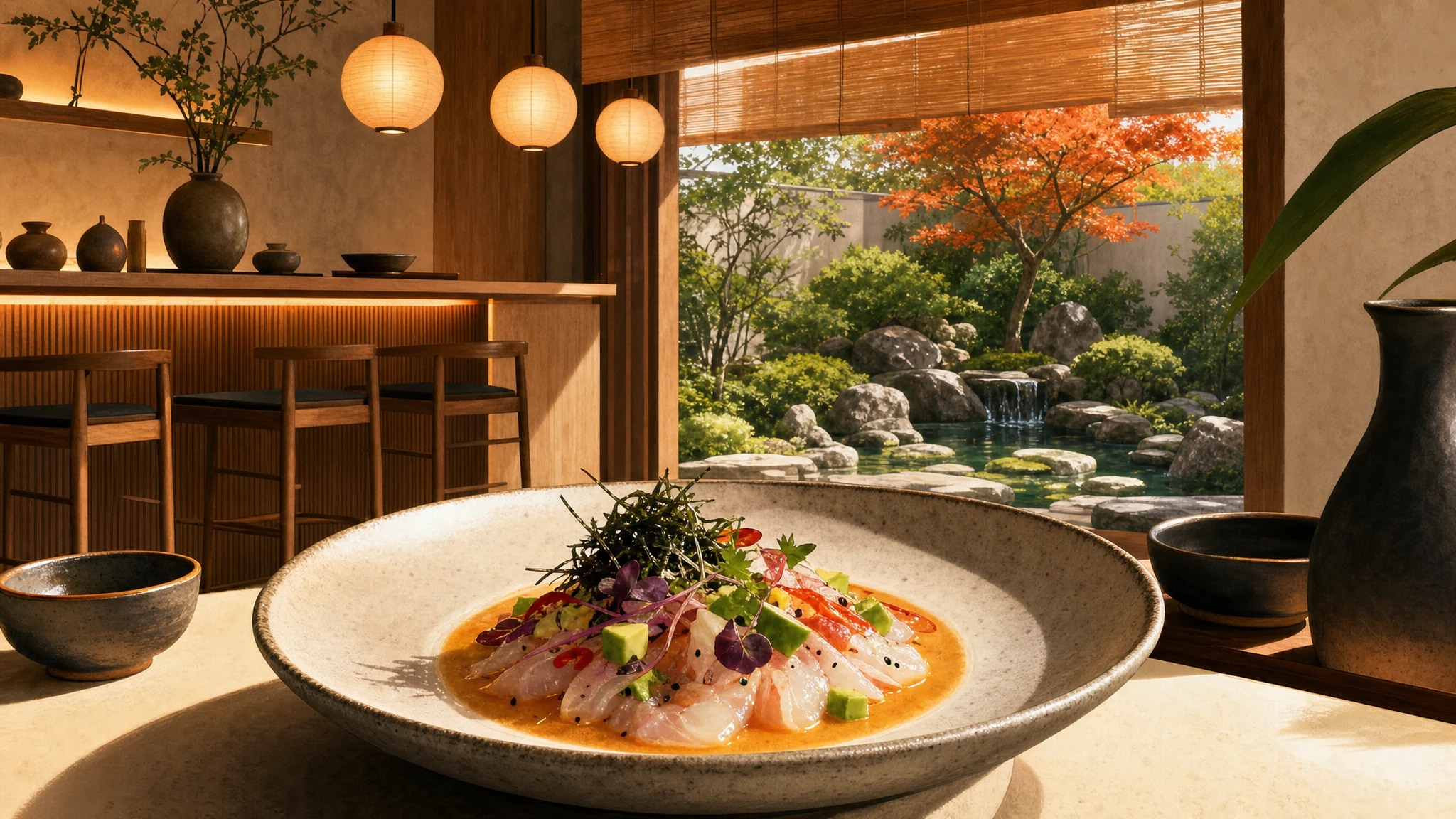 A plated fish dish with avocado and herbs in a bowl, beside ceramic cups, with hanging lanterns and a garden view.