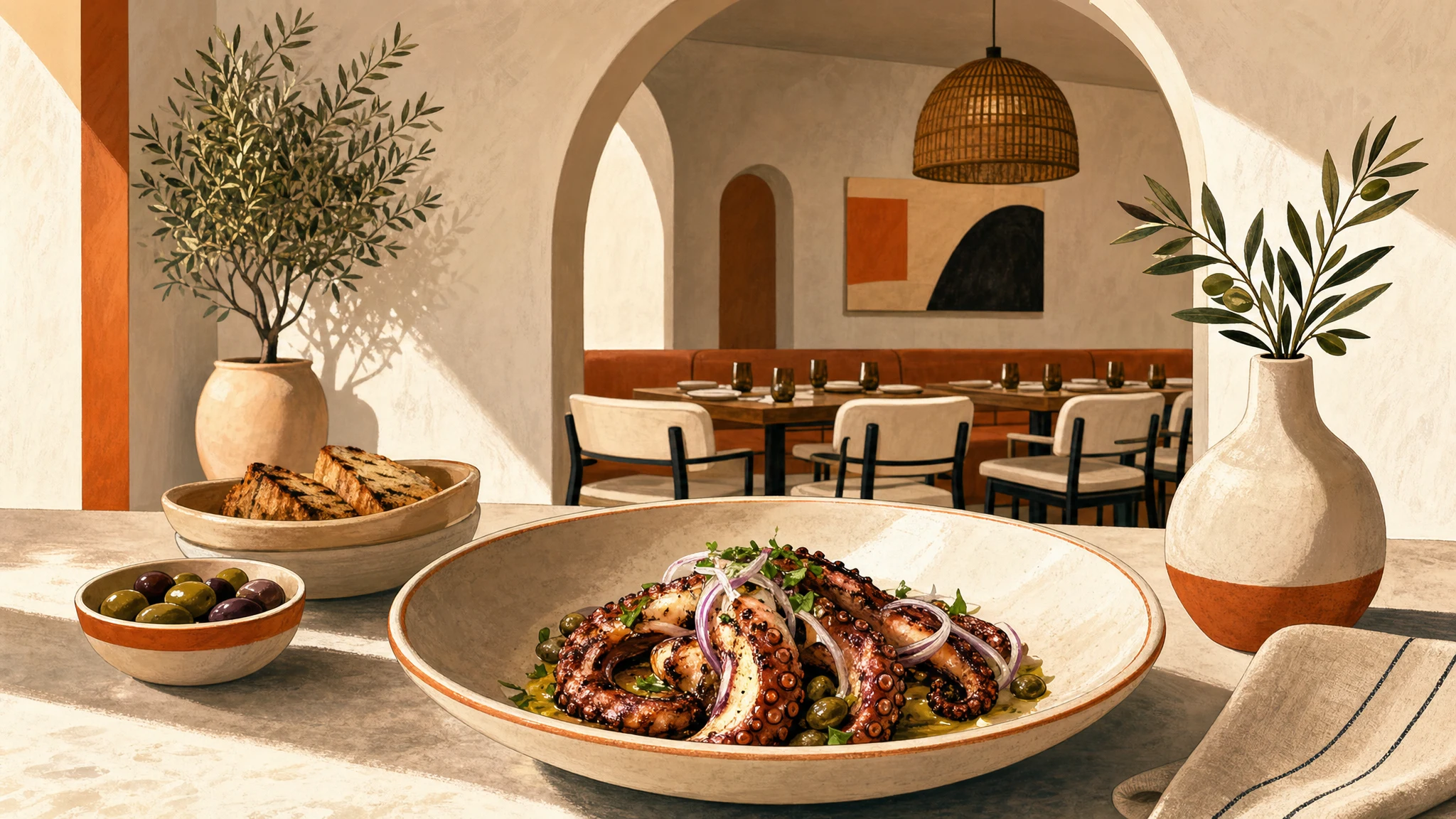A plate of grilled octopus on a sunlit table with bowls of olives and bread, ceramic vases, and an arched dining room behind