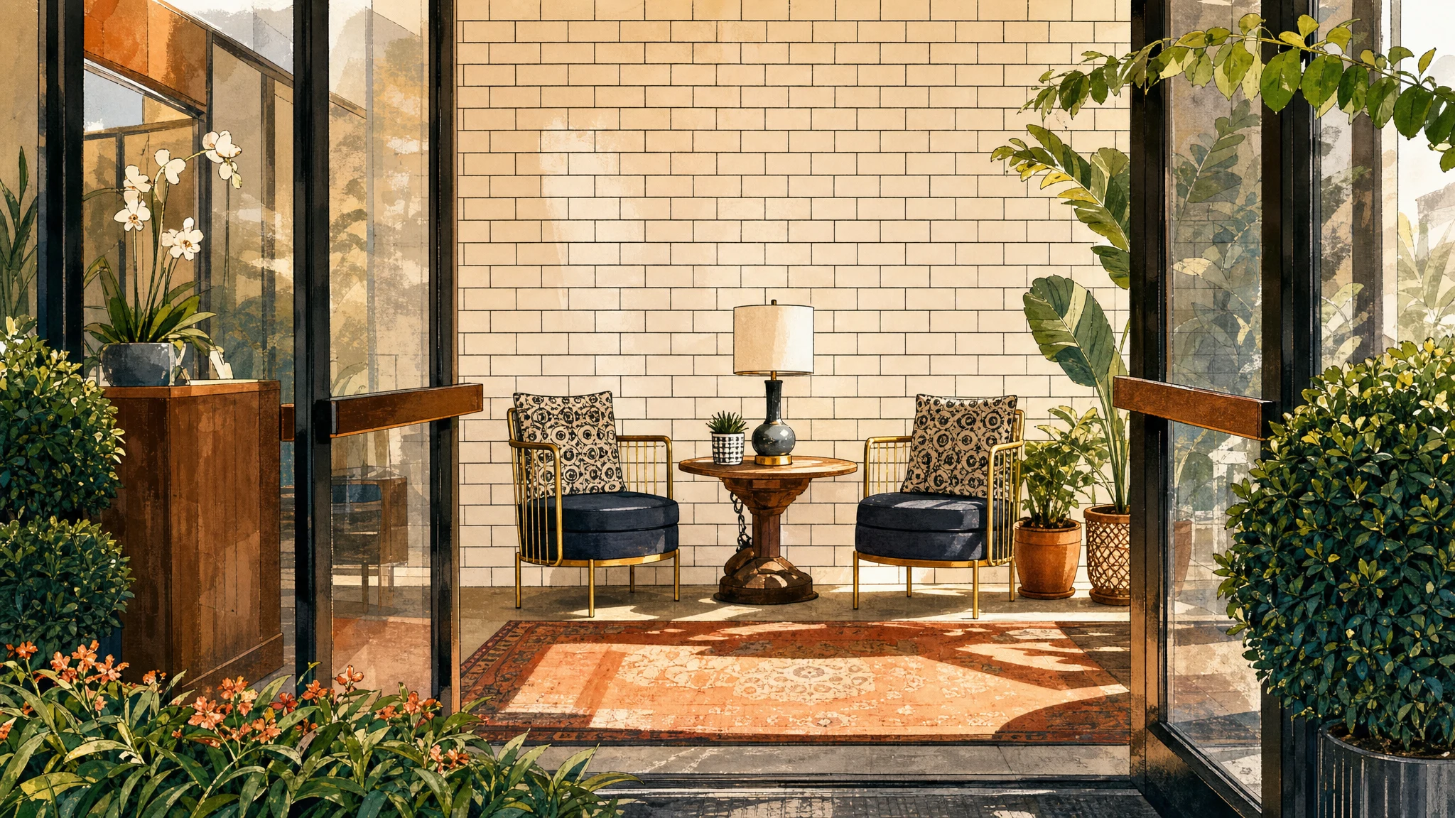 Sunlit restaurant entry with two patterned chairs, a round table, potted plants, and a red rug against a white brick wall.