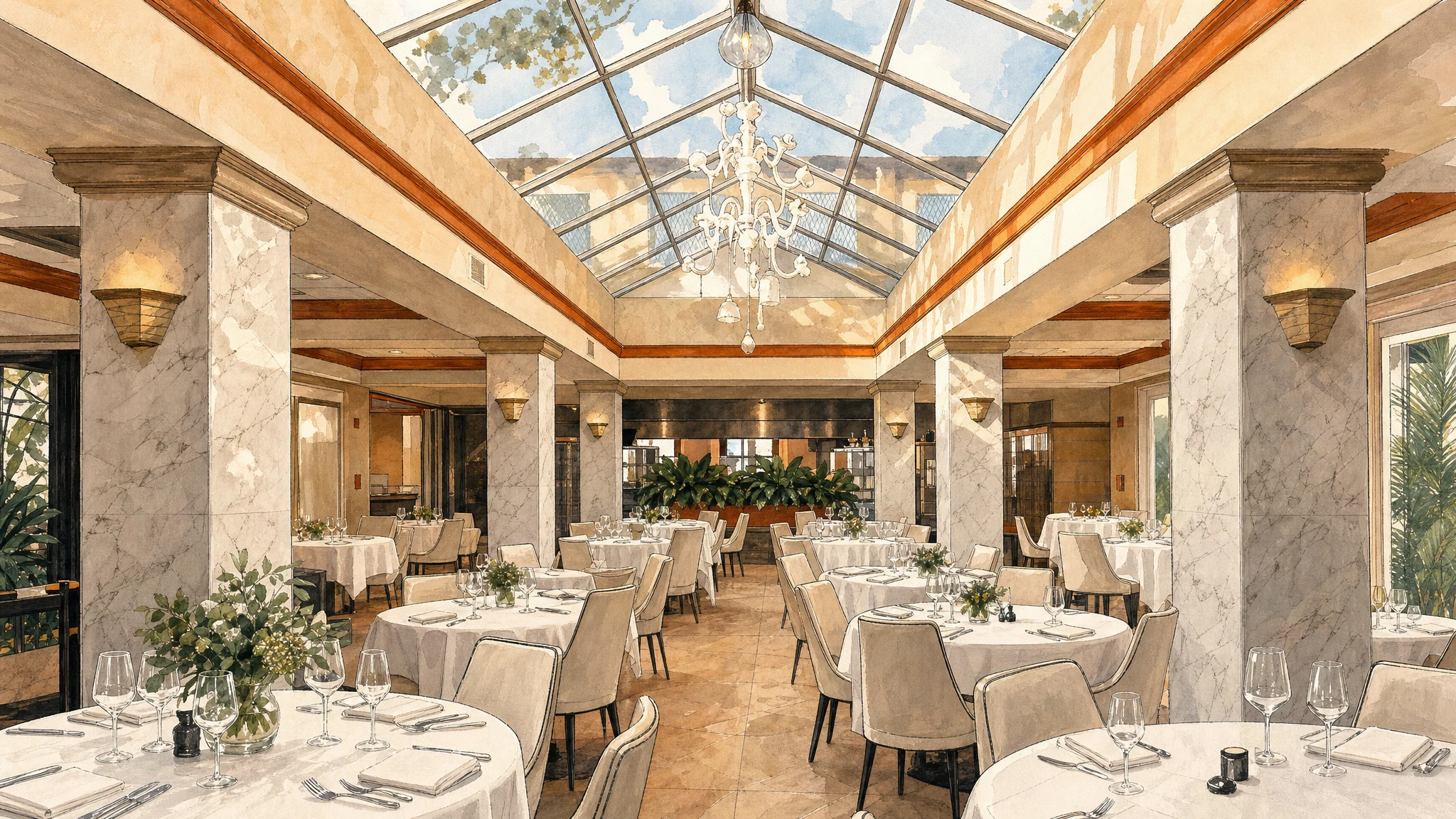 Elegant dining room with set white-clothed tables, upholstered chairs, marble columns, chandeliers, and a glass-paneled ceiling.