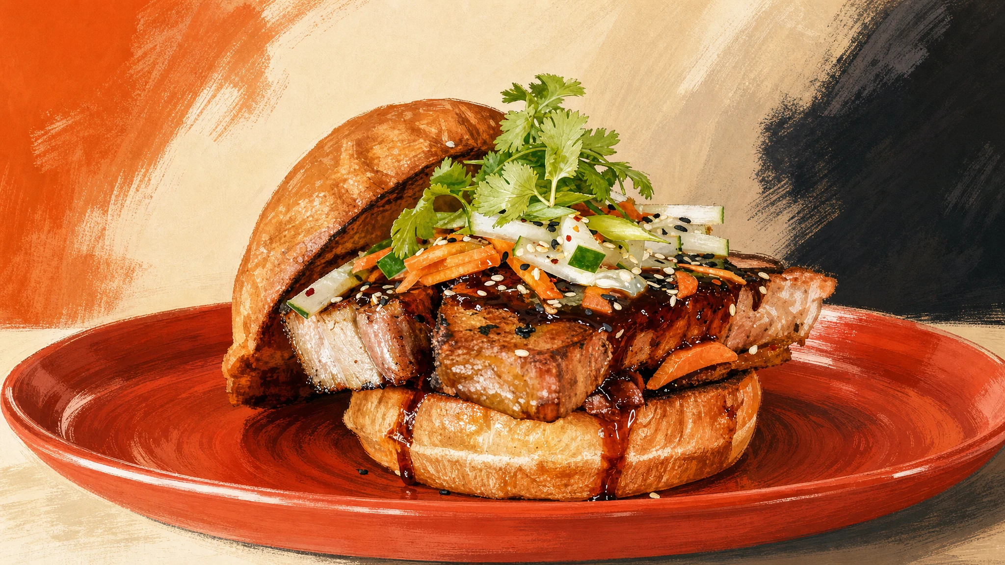 Barbecue sandwich with sliced meat, shredded vegetables and fresh herbs on a toasted bun, served on a red plate.