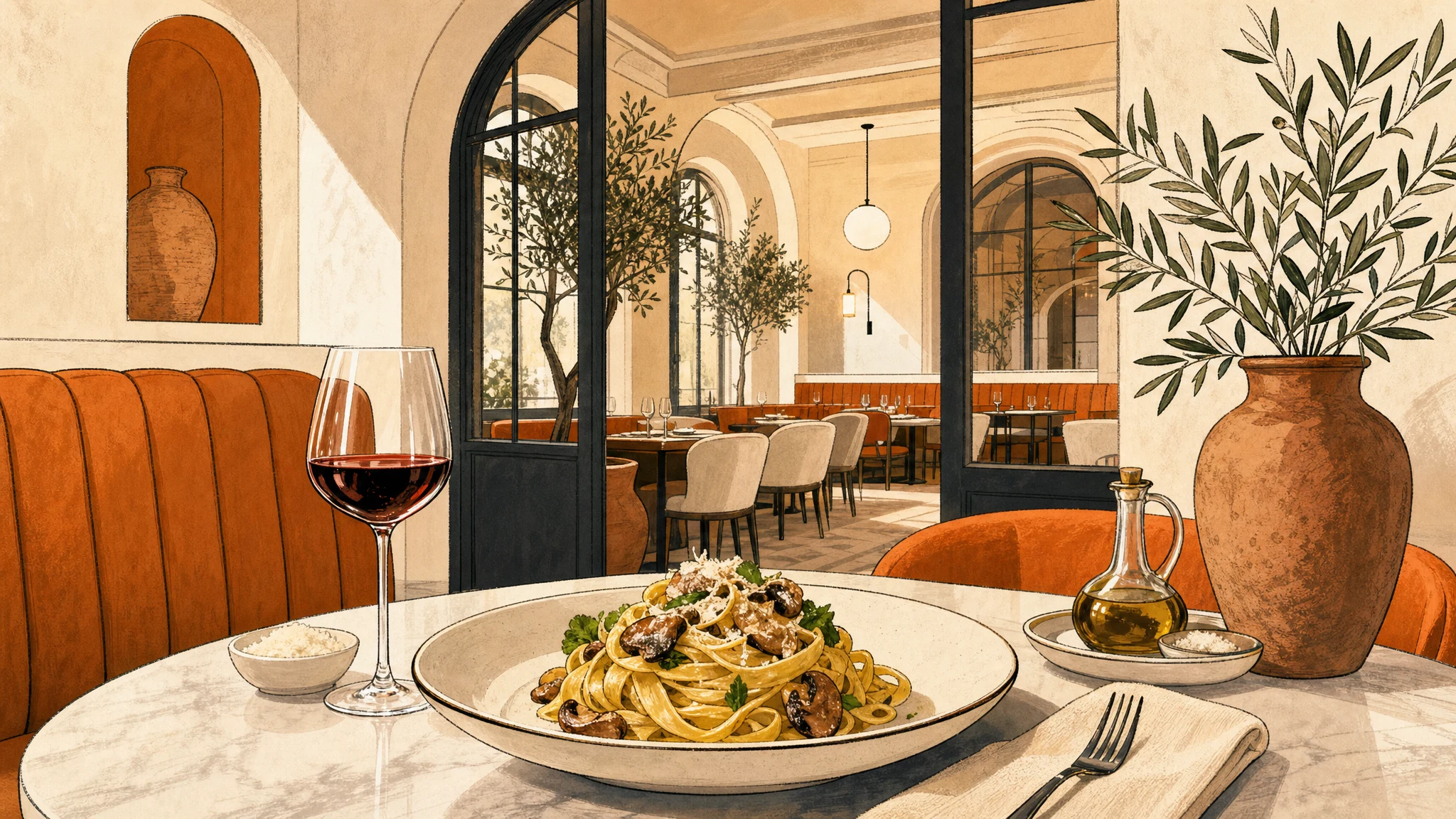 Plate of ribbon pasta on a marble table with red wine, an oil cruet and a terracotta vase beside an orange banquette.