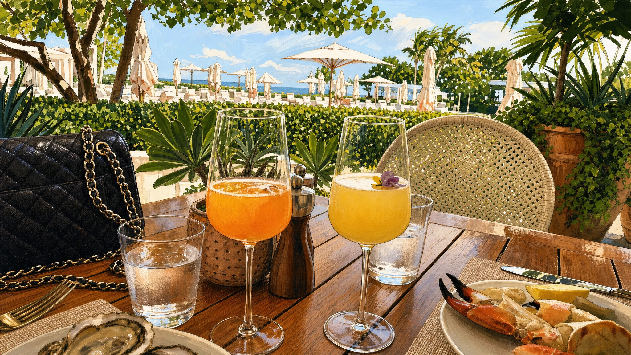 Two colorful cocktails and a plate of seafood on a wooden patio table surrounded by tropical greenery.