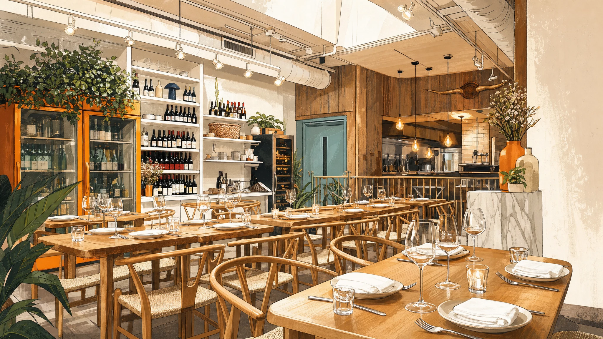 Bright dining room with set wooden tables, wine shelves, leafy plants, pendant lights, and an open kitchen.
