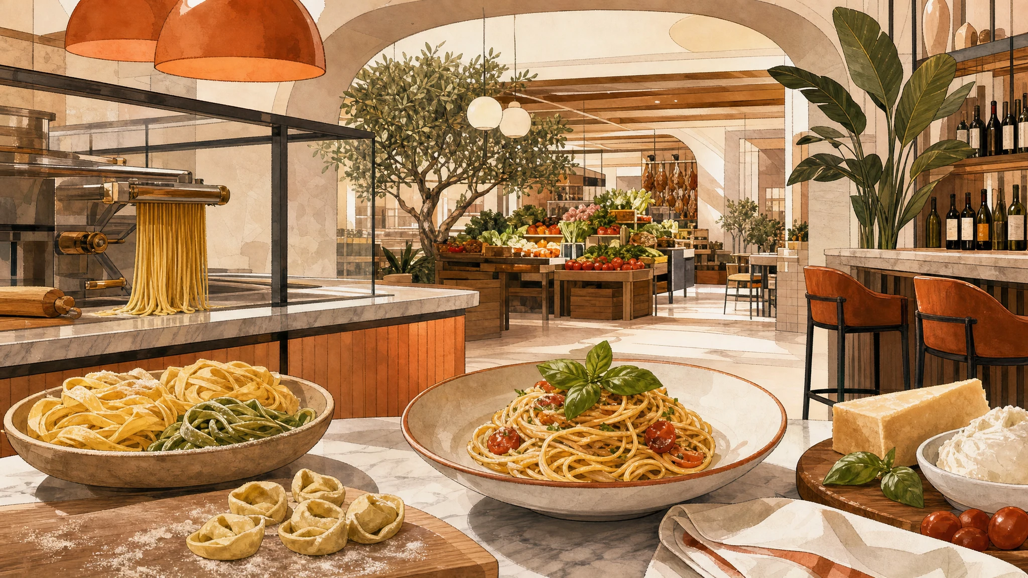 Two bowls of pasta and handmade pasta sit on a counter overlooking produce displays, wine shelves, and bar seating.