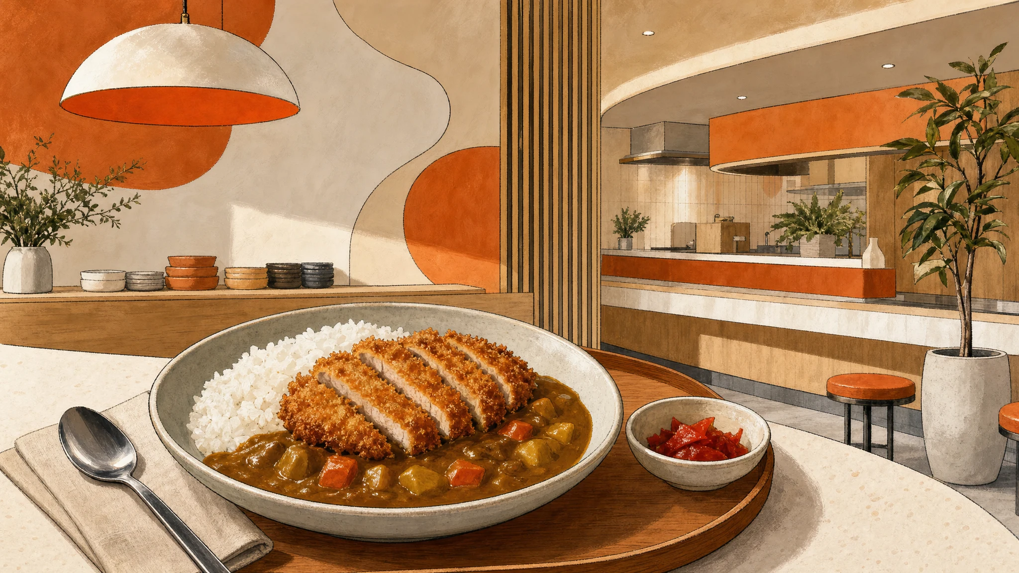 Bowl of rice and curry topped with a sliced breaded cutlet, with a small dish of red pickles on a restaurant table.