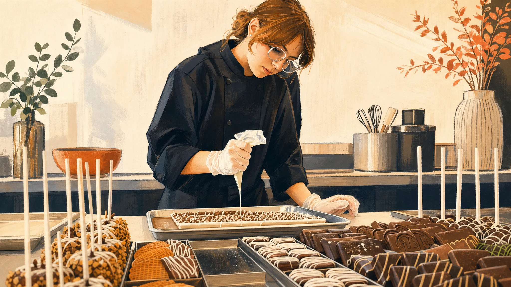 Woman in a black chef coat and gloves drizzling chocolate over assorted pastries and desserts on a counter.
