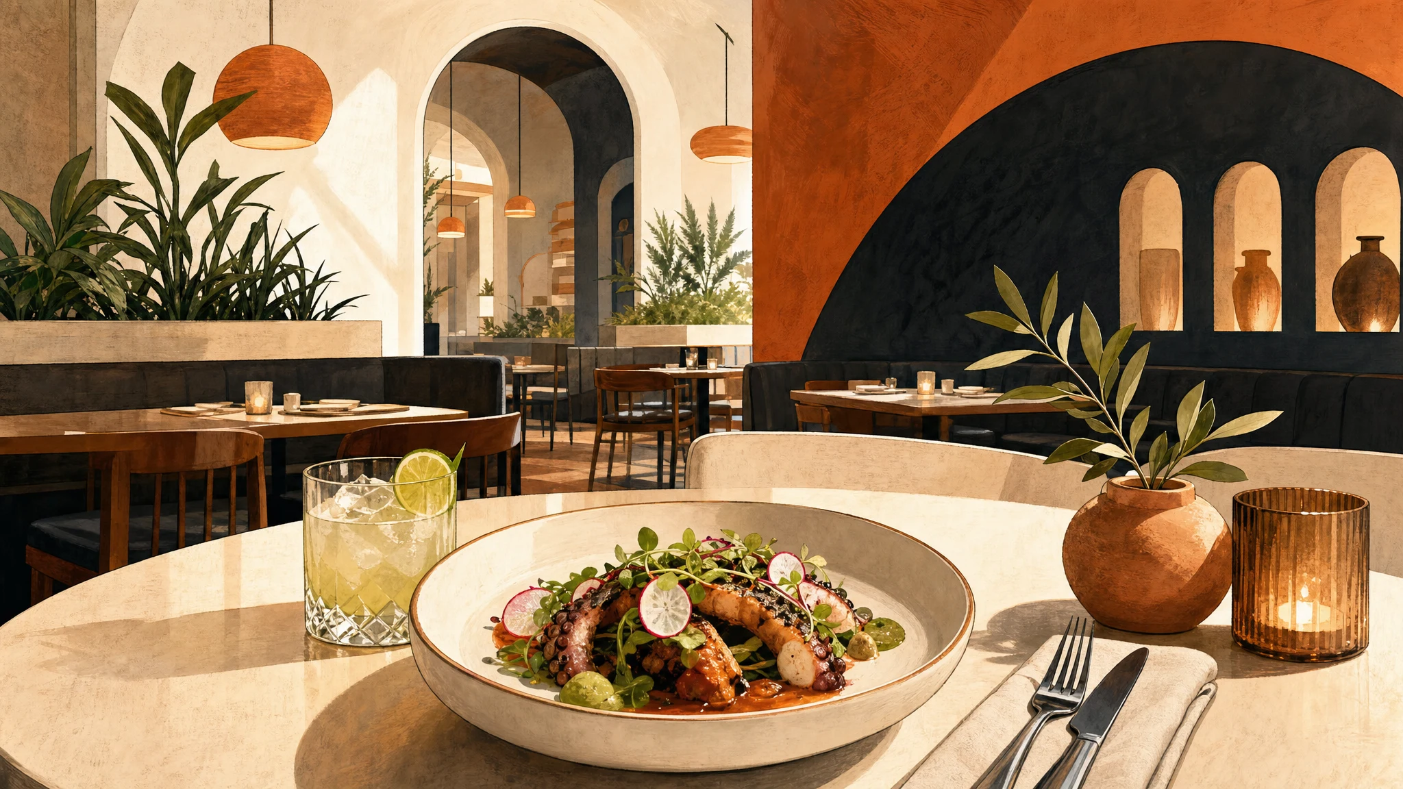 A plate of food and a lime drink on a table amid arched walls, pendant lights, wood seating, candles, and potted plants.