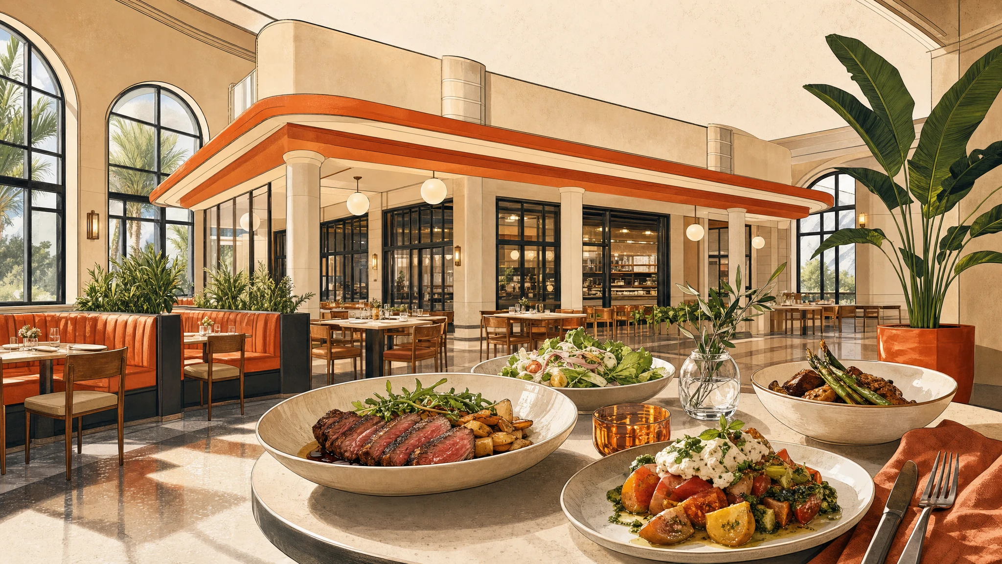 Elegant restaurant interior with arched windows, booth seating, tables, potted plants, and several plated dishes on a table