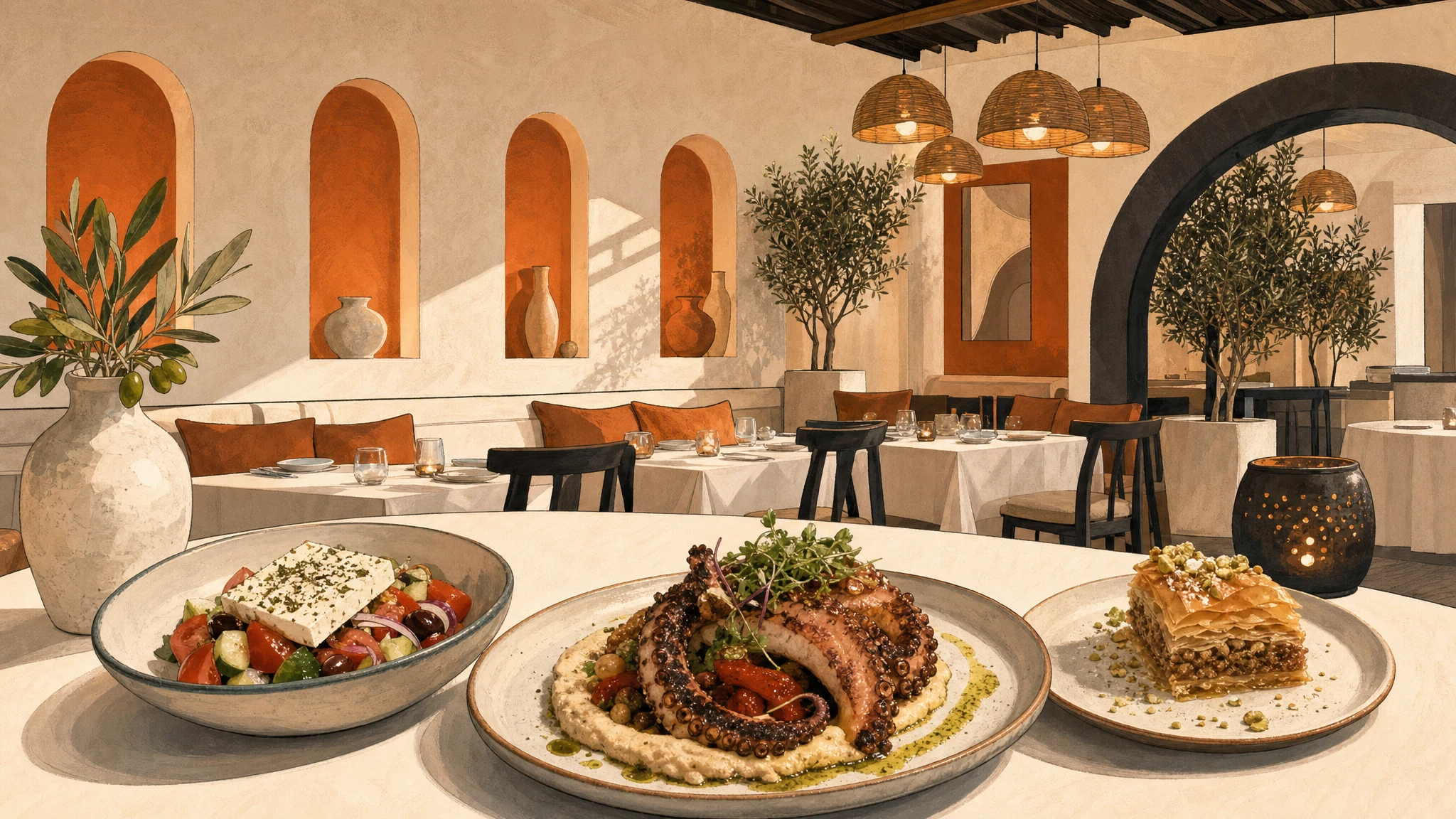 Three plated dishes: salad, grilled octopus over a creamy spread, and layered pastry on a table in a warmly lit dining room.
