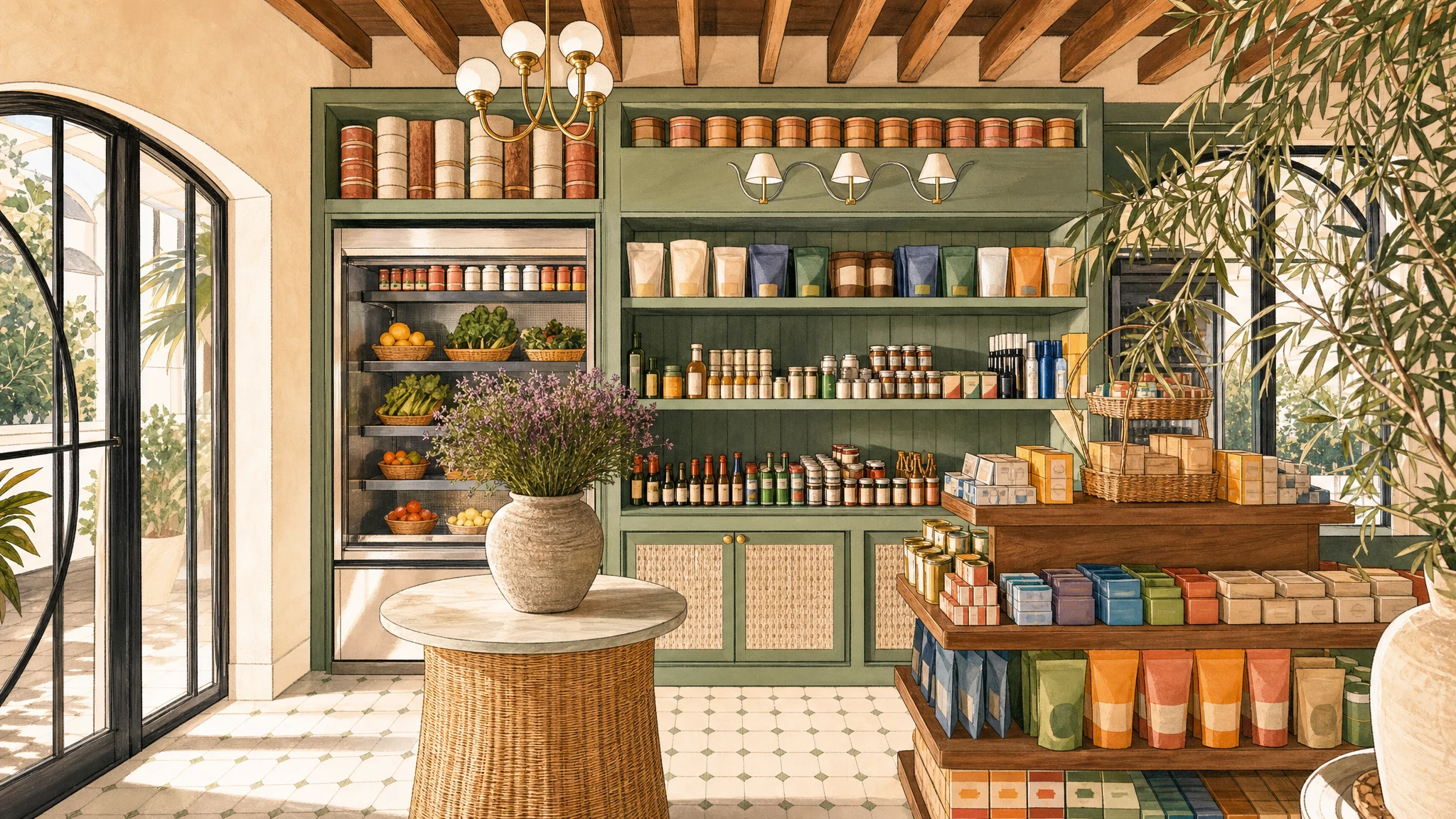 Sunlit shop interior with arched windows, green shelving stocked with jars and packages, display tables, and leafy plants.