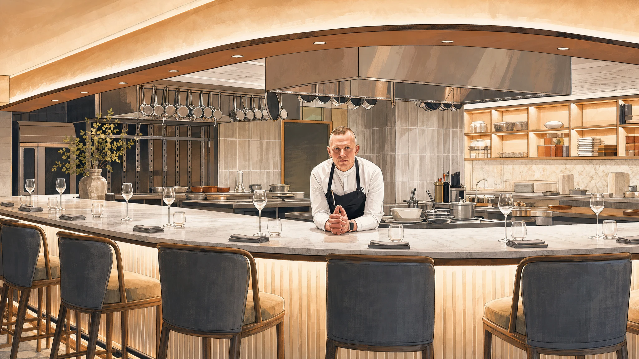 A chef stands behind a curved marble counter lined with dark stools, with hanging wine glasses and an open kitchen behind him.