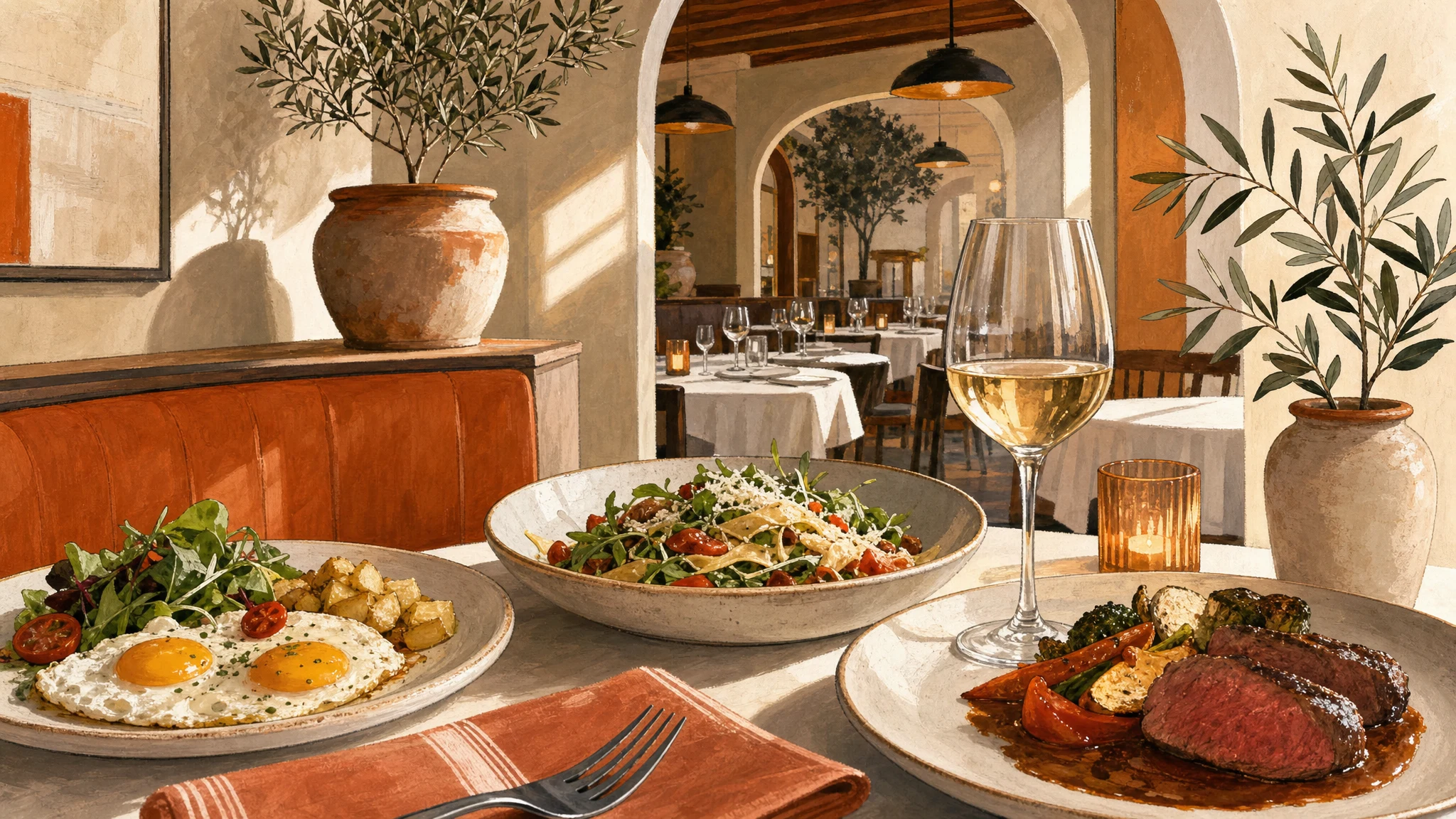 Dining table set with eggs, potatoes, a bowl of greens, sliced meat and vegetables, and a glass of white wine.