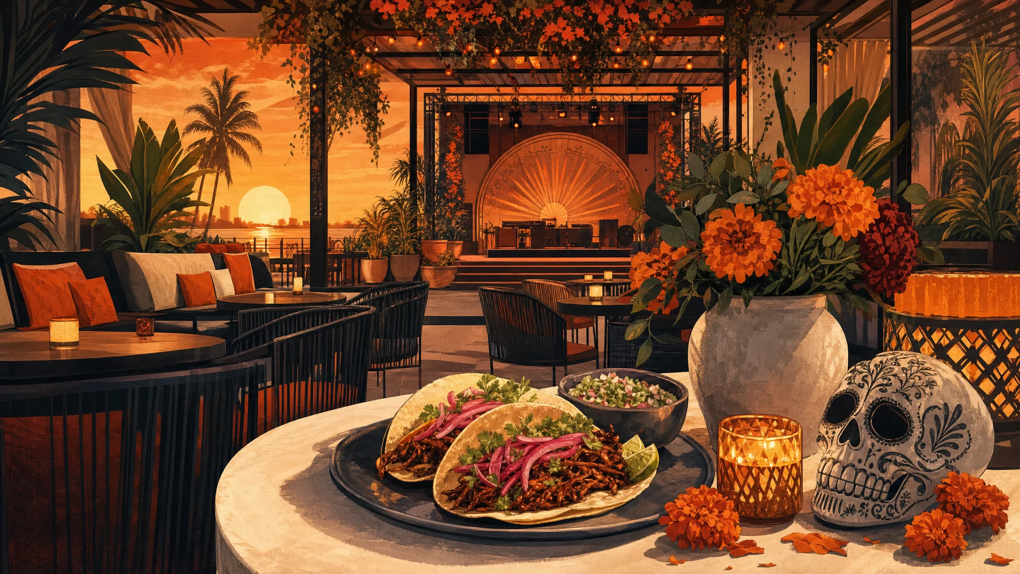 Tacos on an outdoor table with orange flowers, a decorated skull and candle, with lounge seating and a stage at sunset.