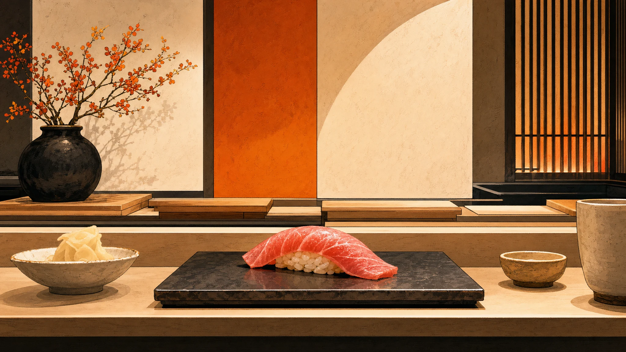 Two pieces of red fish nigiri on a black stone plate at a counter, with pickled ginger, cups, and a vase of orange branches.