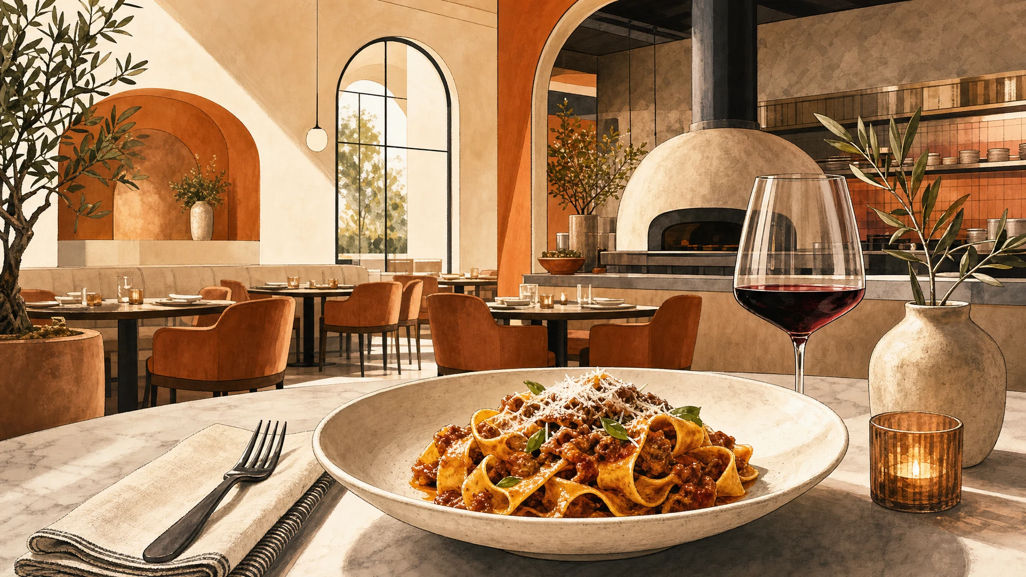 A bowl of sauced pasta on a marble table with a glass of red wine, set against a dining room with arched walls and an oven.