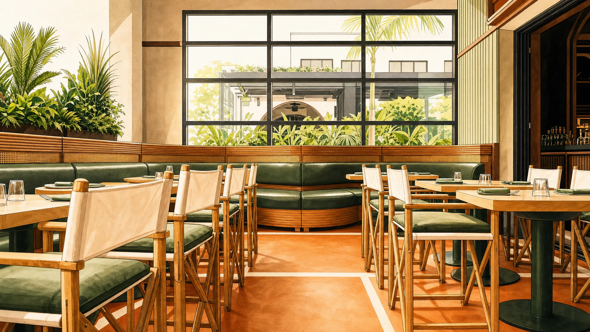 Dining room with green banquette seating, wood tables and chairs, large windows, and potted tropical plants.