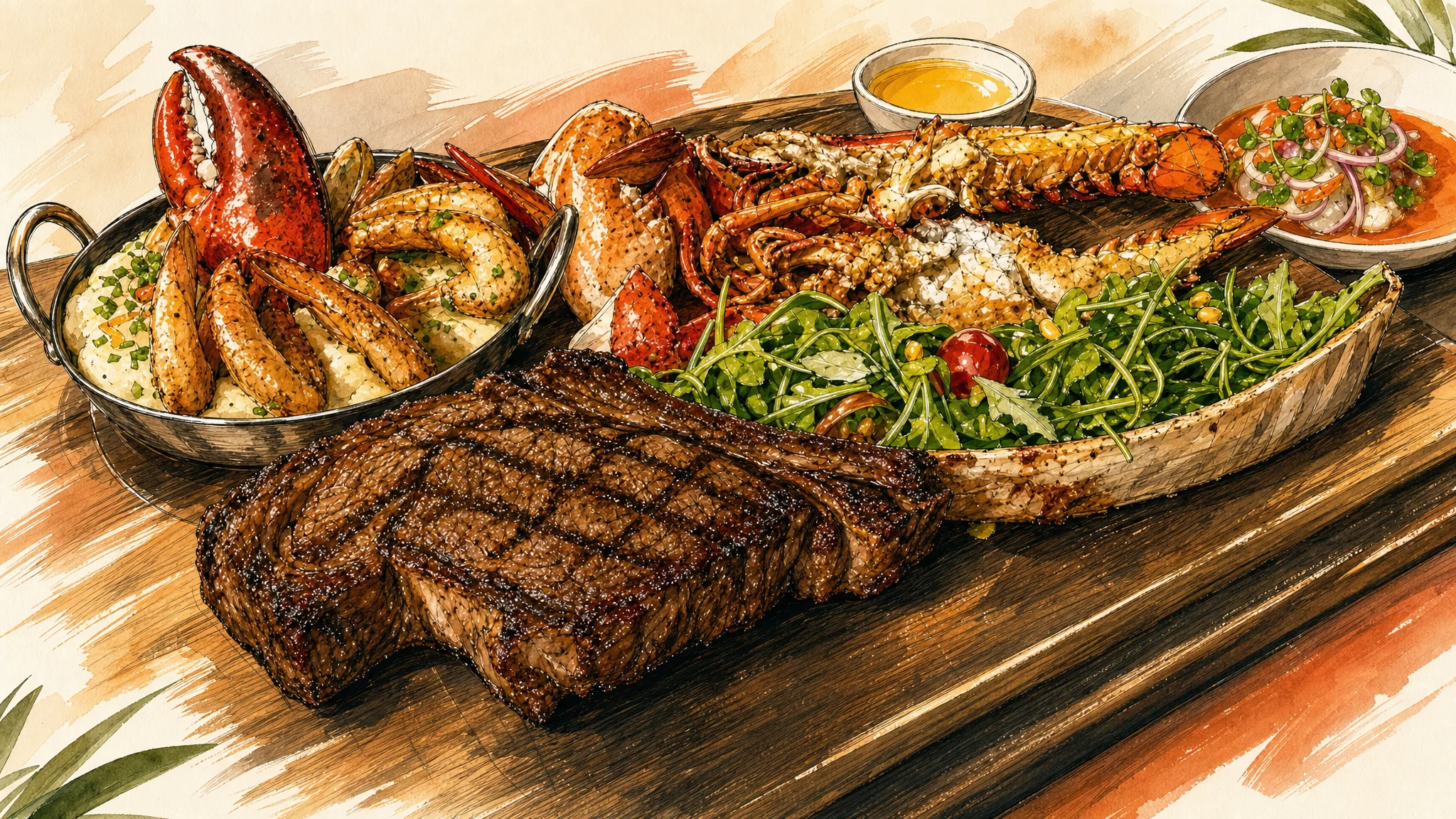 A wooden platter holds grilled steak, lobster, whole fish, leafy greens, lemon, and small bowls of sauce.